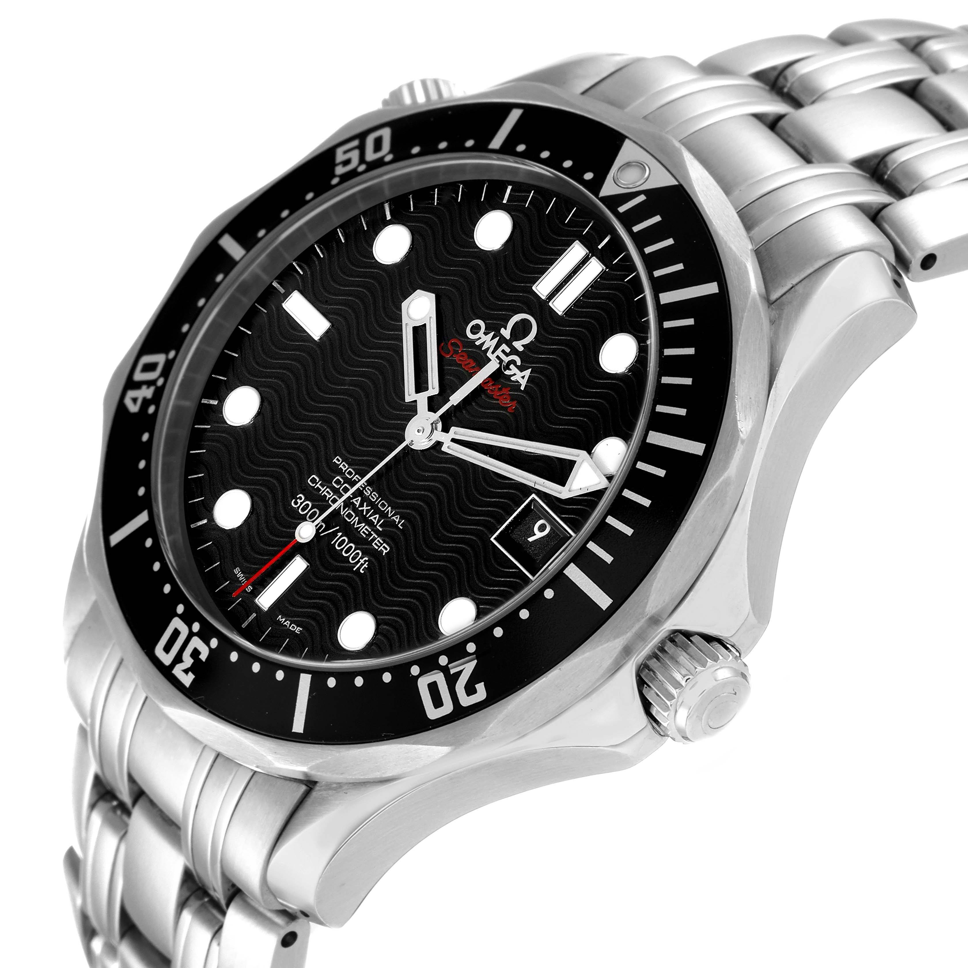 The Omega Seamaster 212.30.41.20.01.002 Men's Stainless Steel Black Dial 212.30.41.20.01.002 Men's Stainless Steel Black Dial watch is shown at a three-quarter angle displaying the face, bezel, and bracelet.
