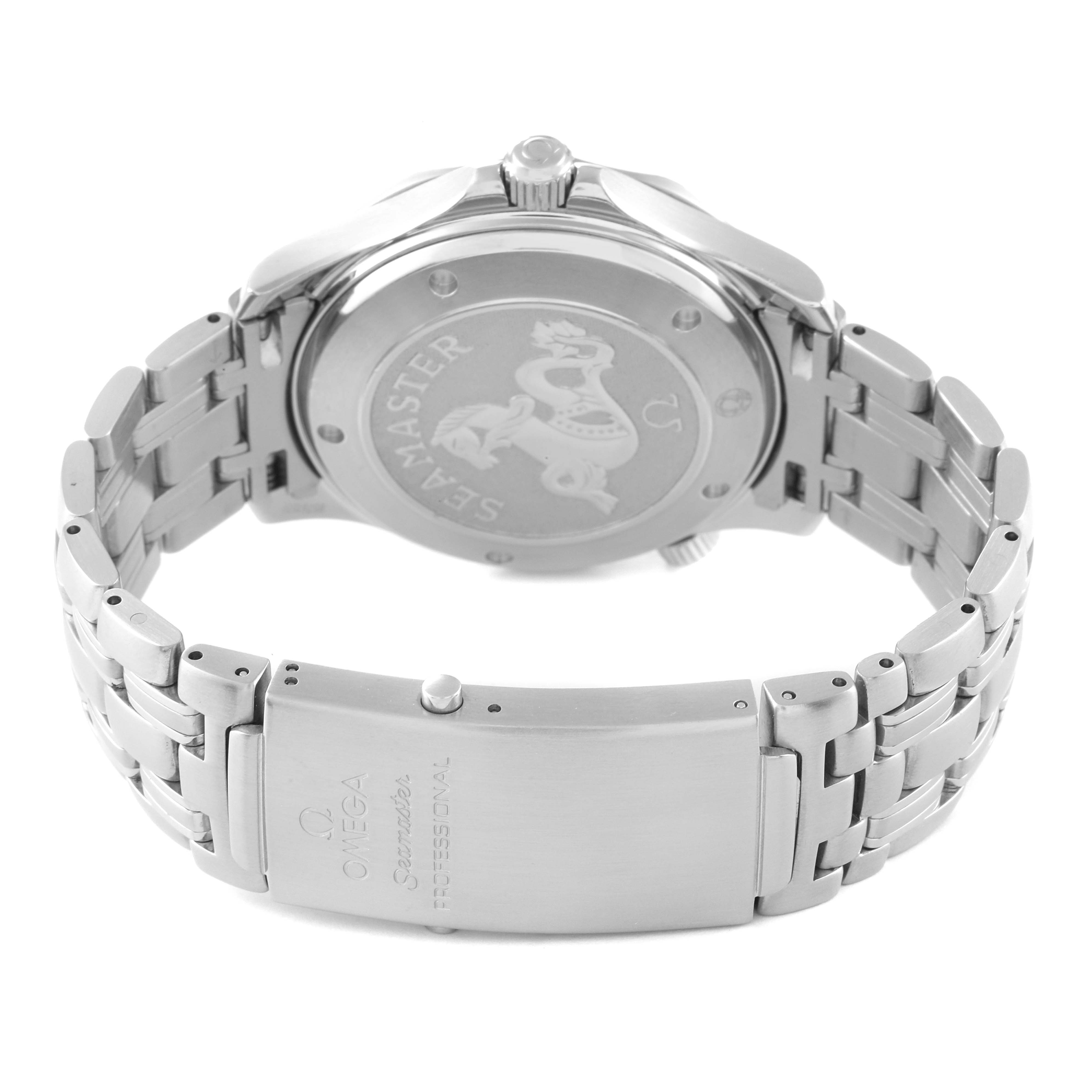 The image shows the backside and the bracelet clasp of an Omega Seamaster 212.30.41.20.01.002 Men's Stainless Steel Black Dial 212.30.41.20.01.002 Men's Stainless Steel Black Dial watch at an angle.