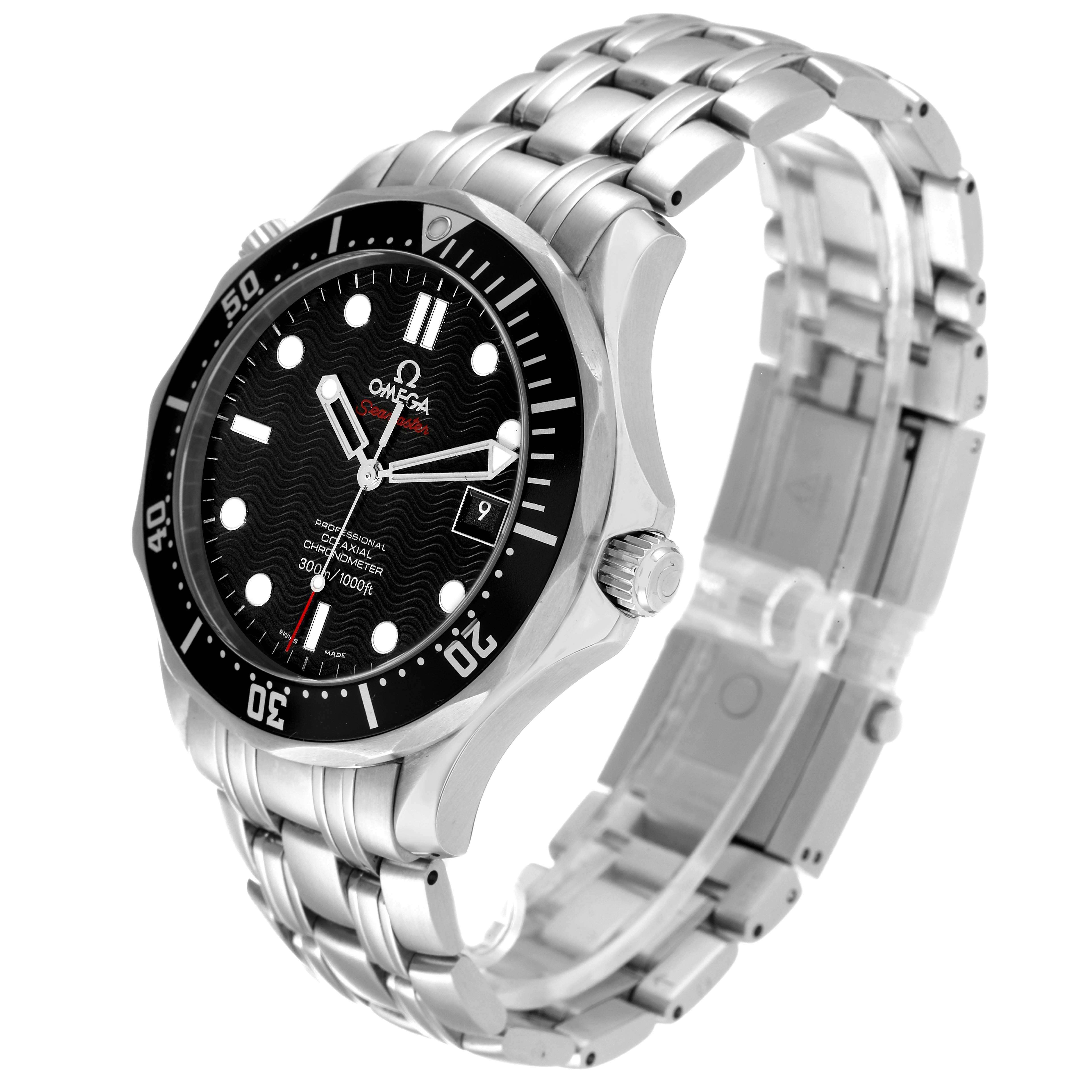 The Omega Seamaster 212.30.41.20.01.002 Men's Stainless Steel Black Dial 212.30.41.20.01.002 Men's Stainless Steel Black Dial watch is shown from an angled view, highlighting the face, bezel, crown, and stainless steel bracelet.