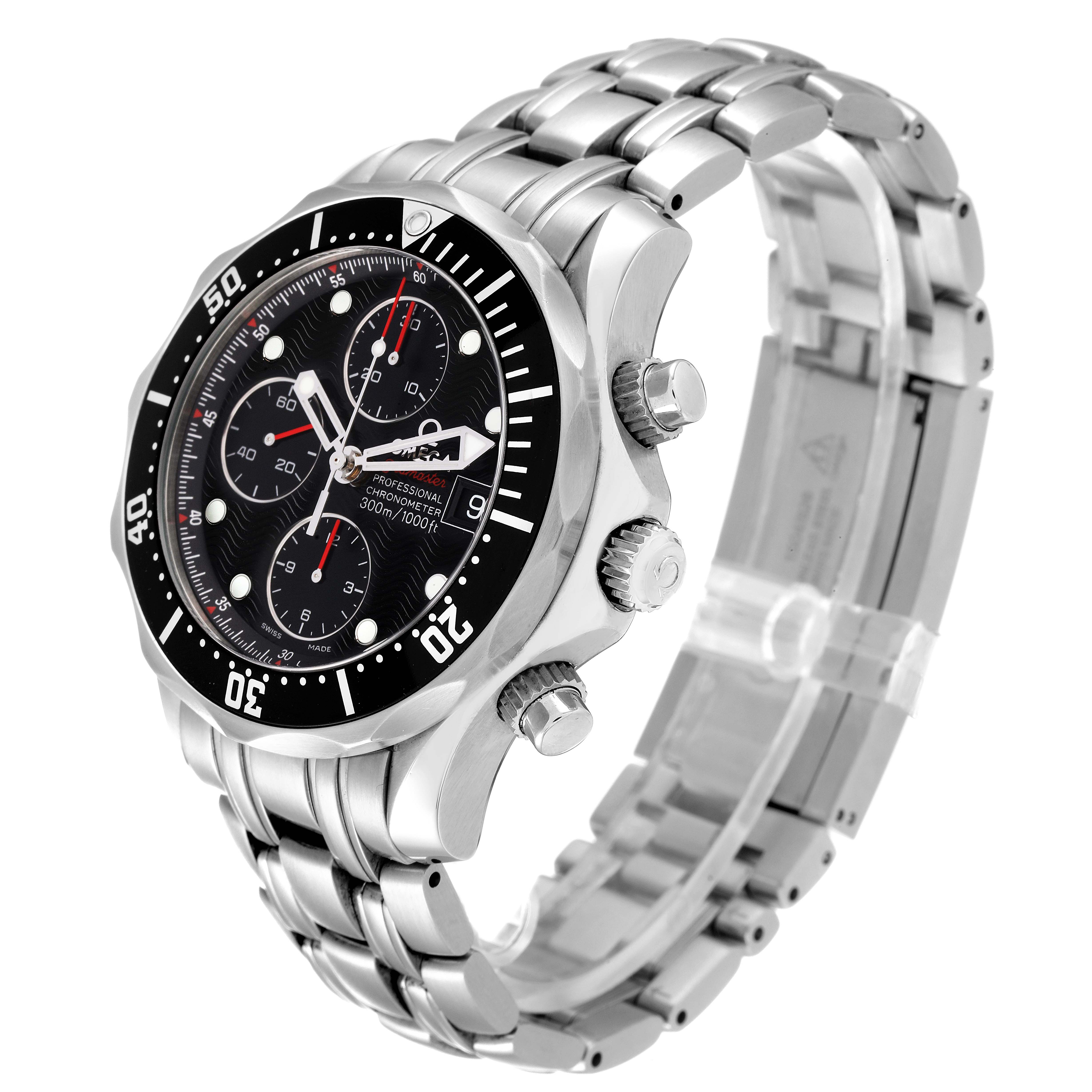 The Omega Seamaster 213.30.42.40.01.001 Men's Stainless Steel Black Dial 213.30.42.40.01.001 Men's Stainless Steel Black Dial watch is shown at a three-quarter angle, highlighting its bezel, dial, crown, and stainless steel bracelet.