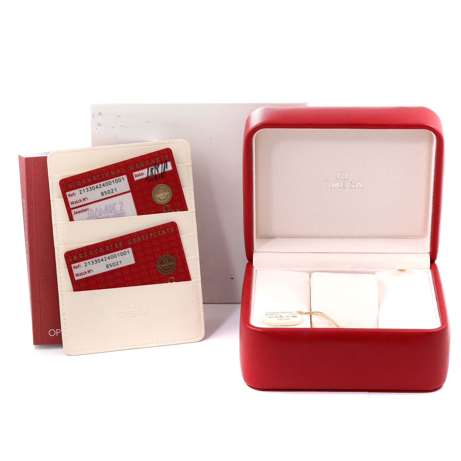 The image shows the accessories for an Omega Seamaster 213.30.42.40.01.001 Men's Stainless Steel Black Dial 213.30.42.40.01.001 Men's Stainless Steel Black Dial watch, including its red watch box, warranty cards, and instruction manual.