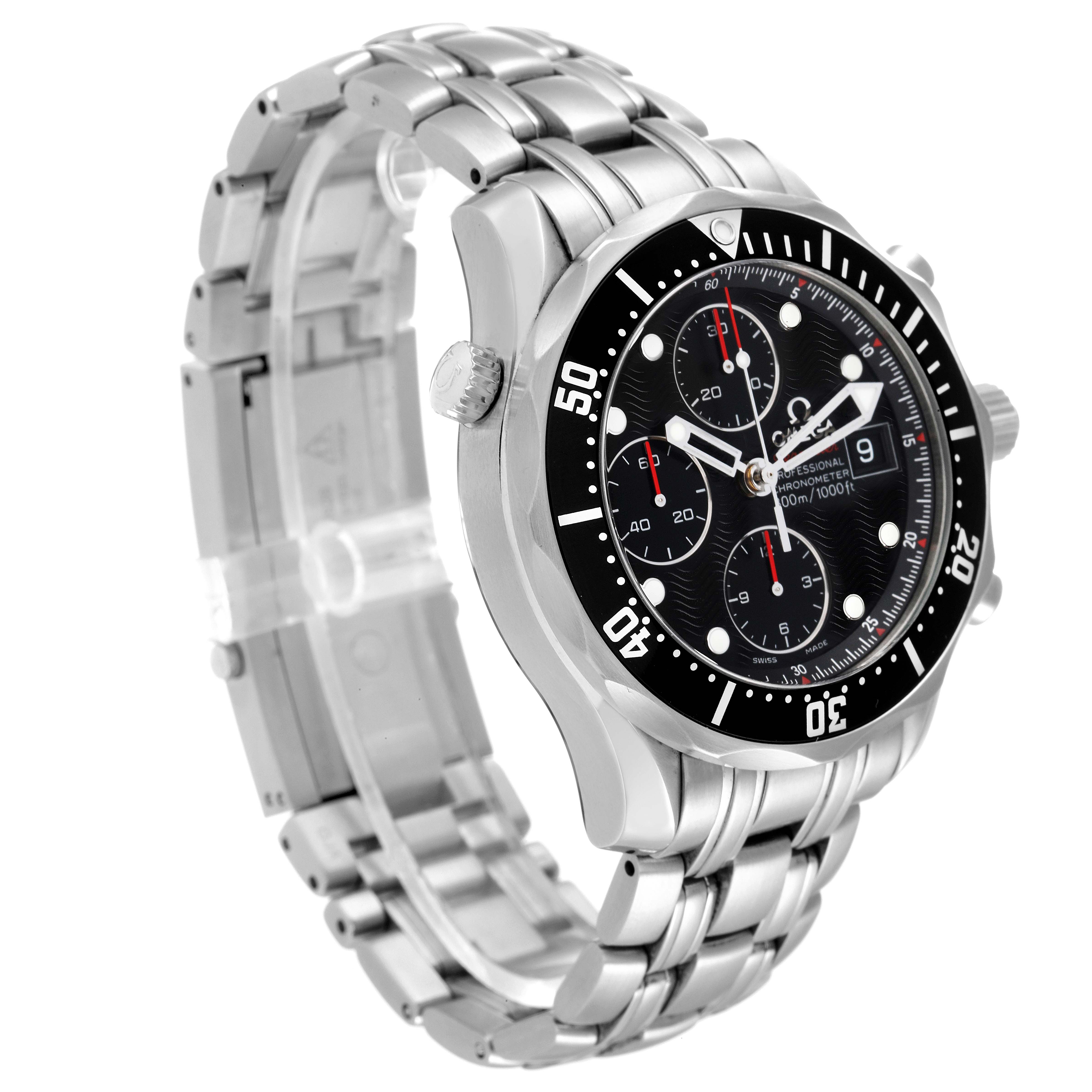 This image shows an angled side view of an Omega Seamaster 213.30.42.40.01.001 Men's Stainless Steel Black Dial 213.30.42.40.01.001 Men's Stainless Steel Black Dial watch, including the bracelet, bezel, and crown.