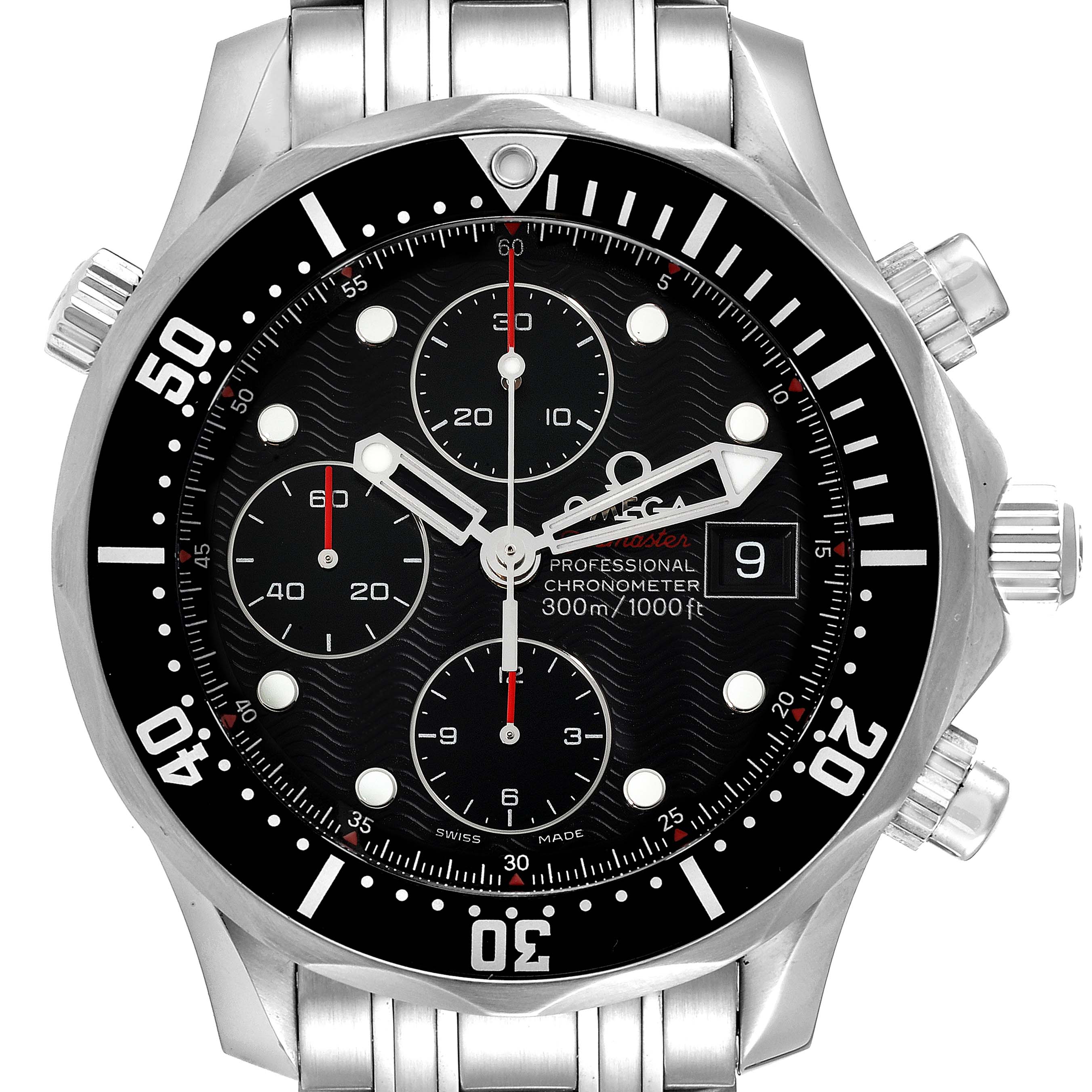 This image shows a front view of an Omega Seamaster 213.30.42.40.01.001 Men's Stainless Steel Black Dial 213.30.42.40.01.001 Men's Stainless Steel Black Dial watch, featuring its dial, bezel, chronograph subdials, and stainless steel bracelet.