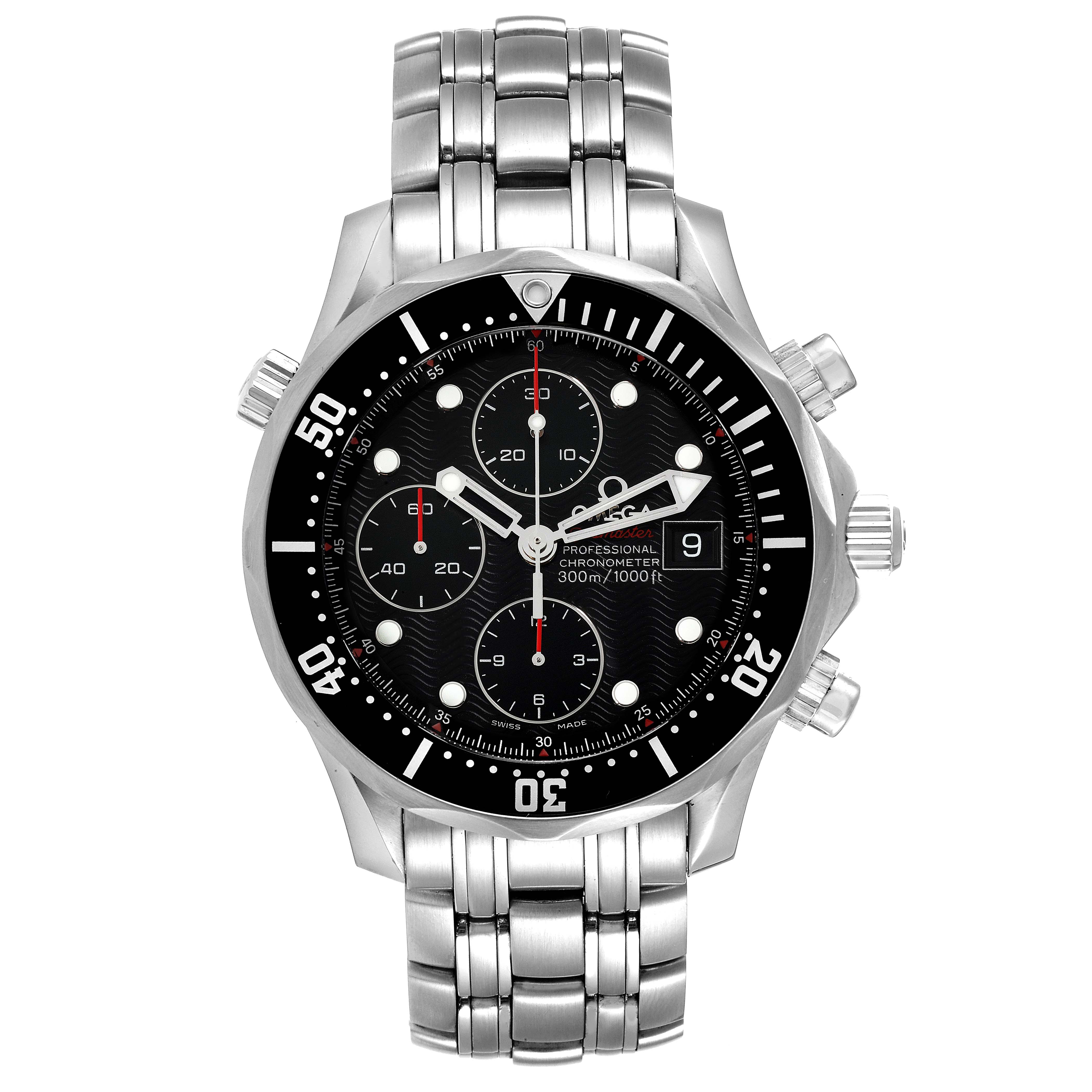 This image shows a front view of the Omega Seamaster 213.30.42.40.01.001 Men's Stainless Steel Black Dial 213.30.42.40.01.001 Men's Stainless Steel Black Dial watch displaying its face, bezel, chronograph sub-dials, and bracelet.