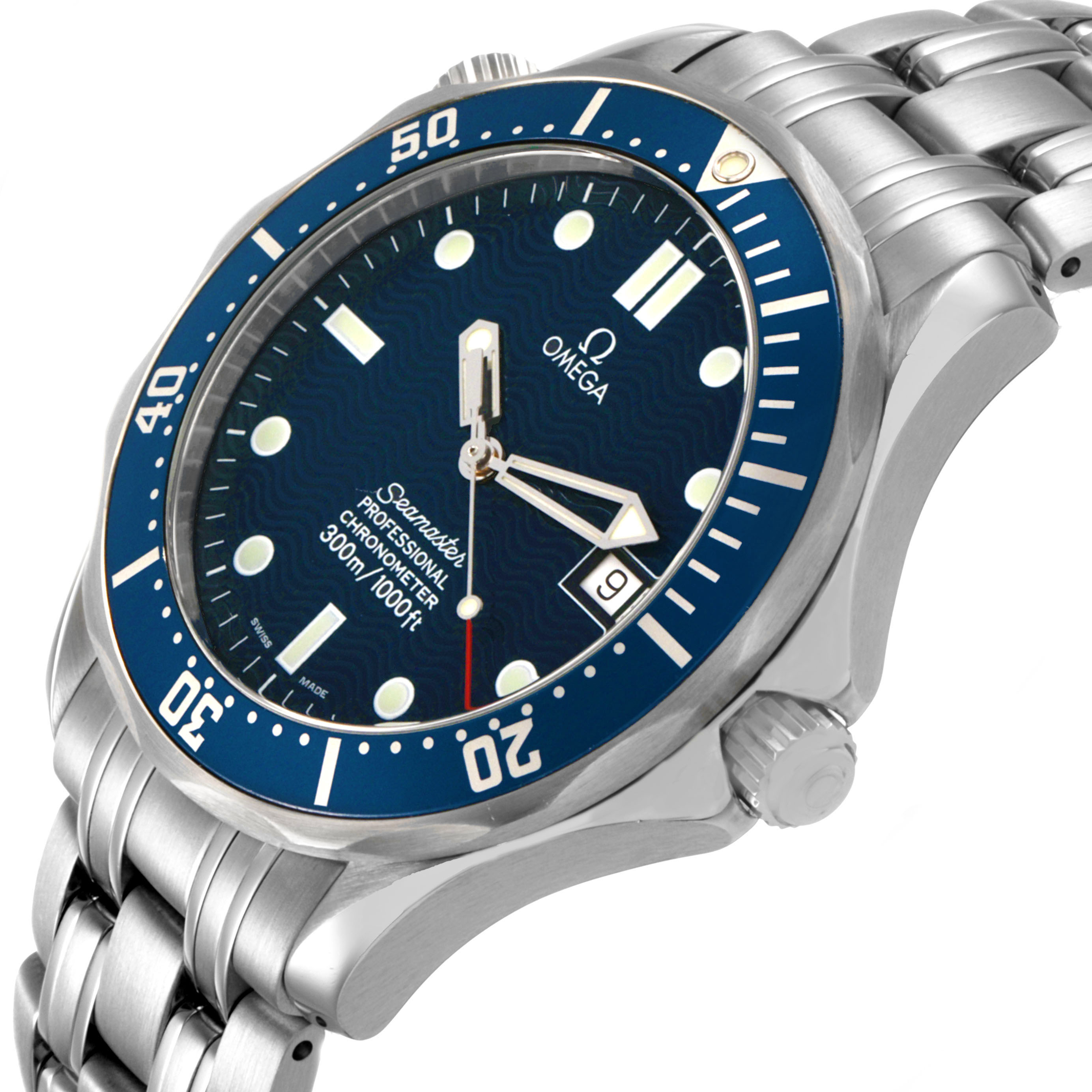 The Omega Seamaster 2531.80.00 Men's Stainless Steel Blue Dial watch is shown at a slightly tilted angle, highlighting the face, bezel, crown, and part of the bracelet.