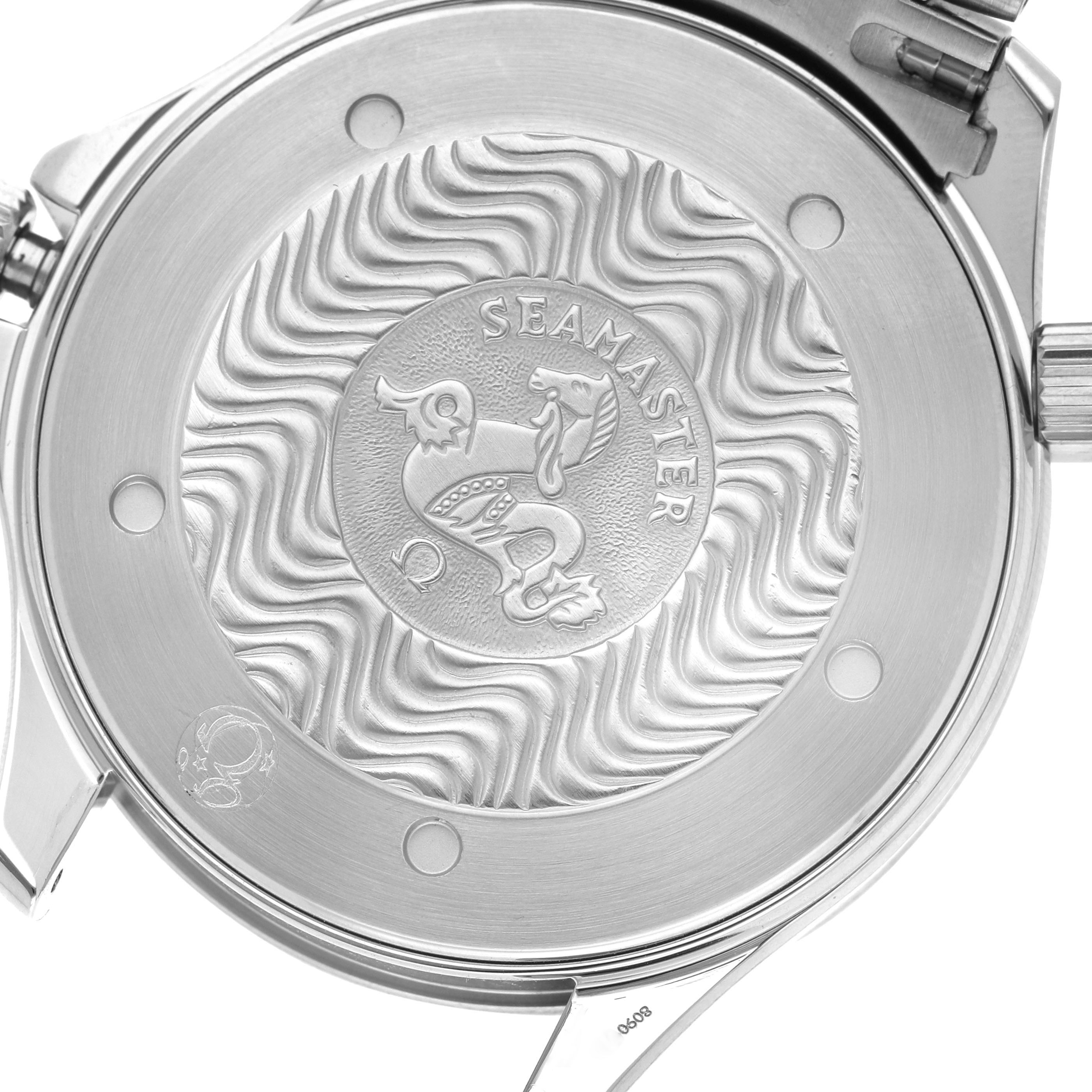 The image shows the back case of the Omega Seamaster 2531.80.00 Men's Stainless Steel Blue Dial, highlighting the engraved logo and wave design.
