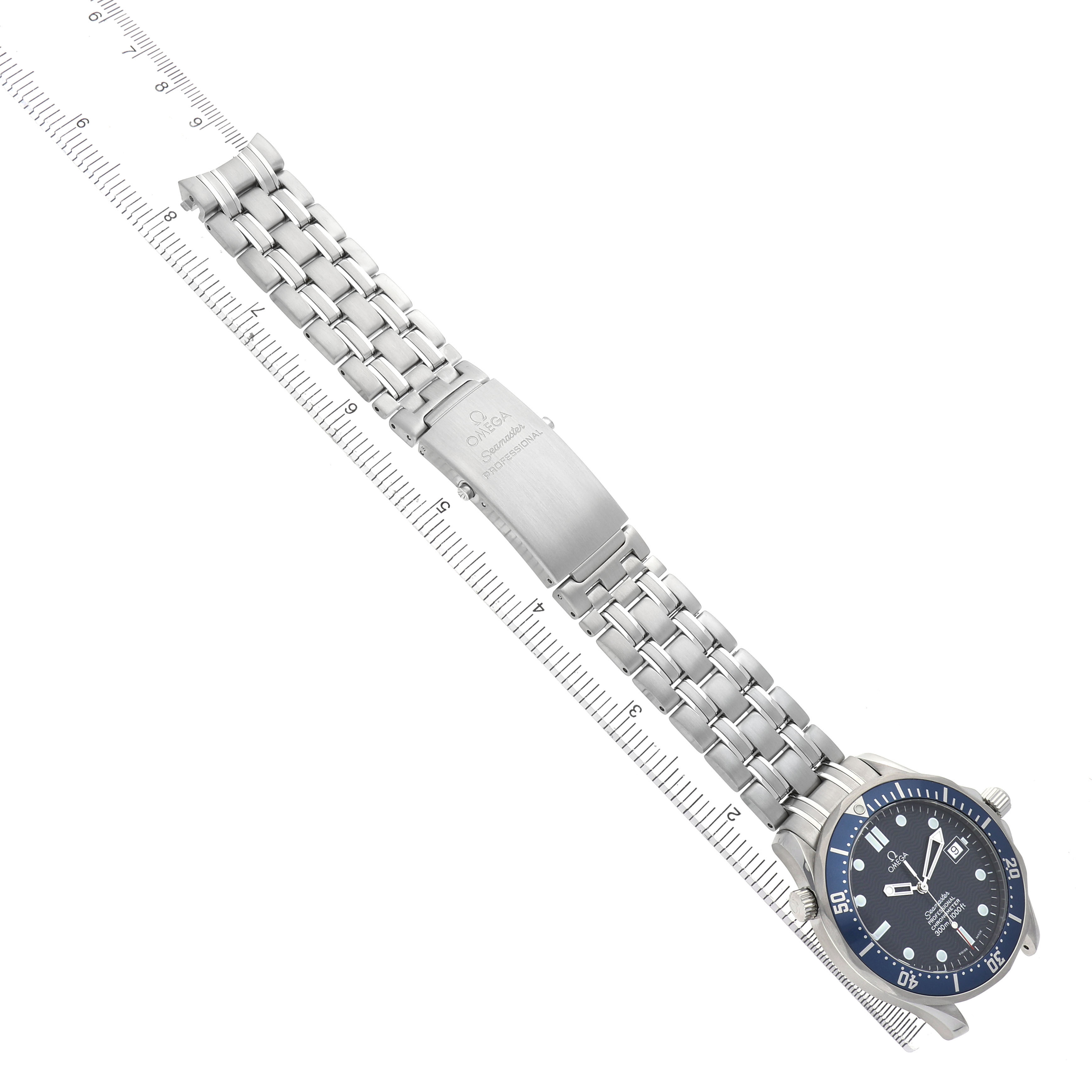 The Omega Seamaster 2531.80.00 Men's Stainless Steel Blue Dial watch is shown from a top view, highlighting its face, bezel, and full metal bracelet with a clasp.