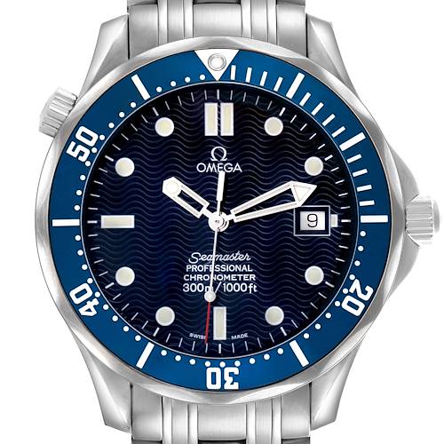 The Omega Seamaster 2531.80.00 Men's Stainless Steel Blue Dial watch is shown from a front angle, displaying the dial, bezel, and part of the bracelet.