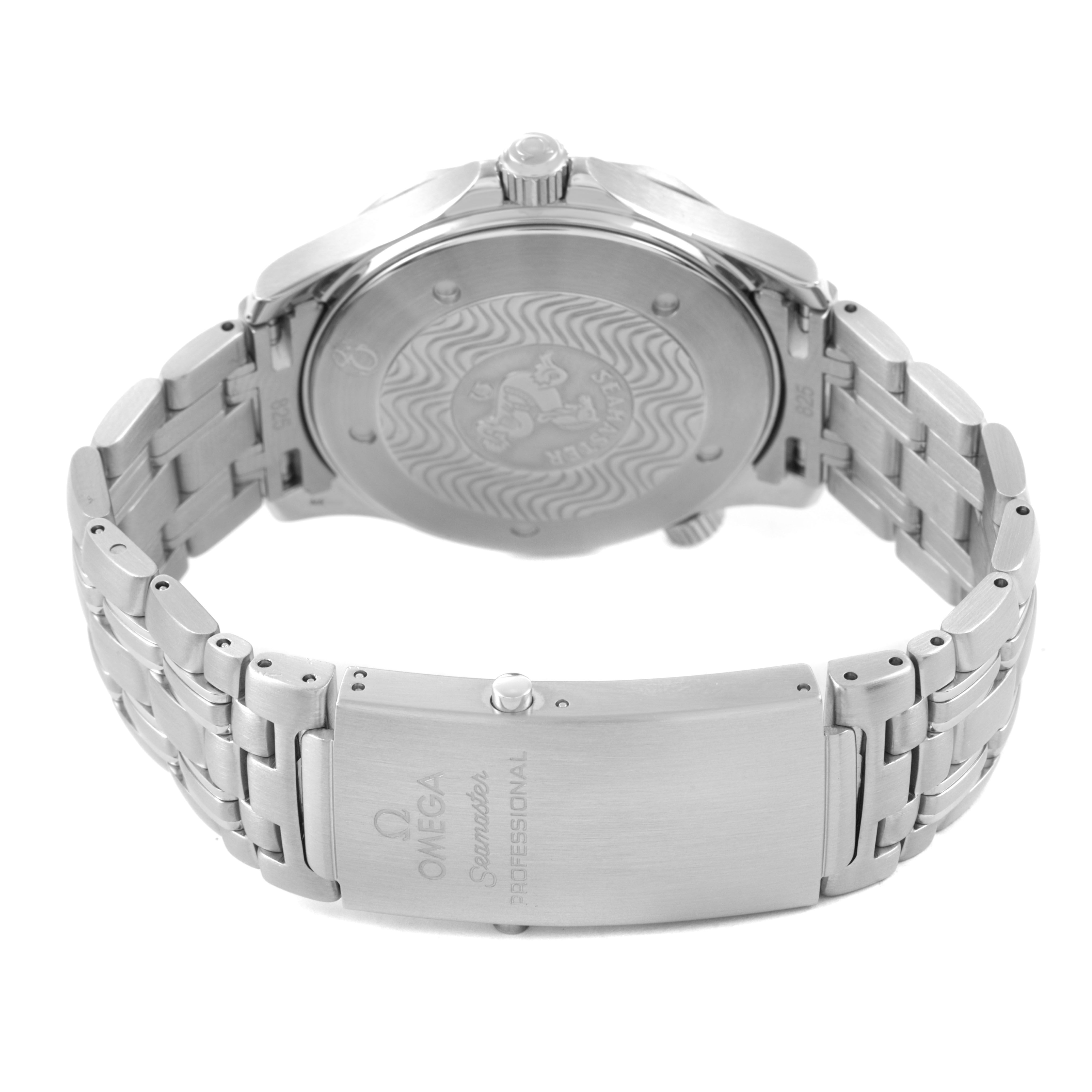 The Omega Seamaster 2531.80.00 Men's Stainless Steel Blue Dial watch is shown from the back, featuring the case back, crown, and stainless steel bracelet with the clasp.