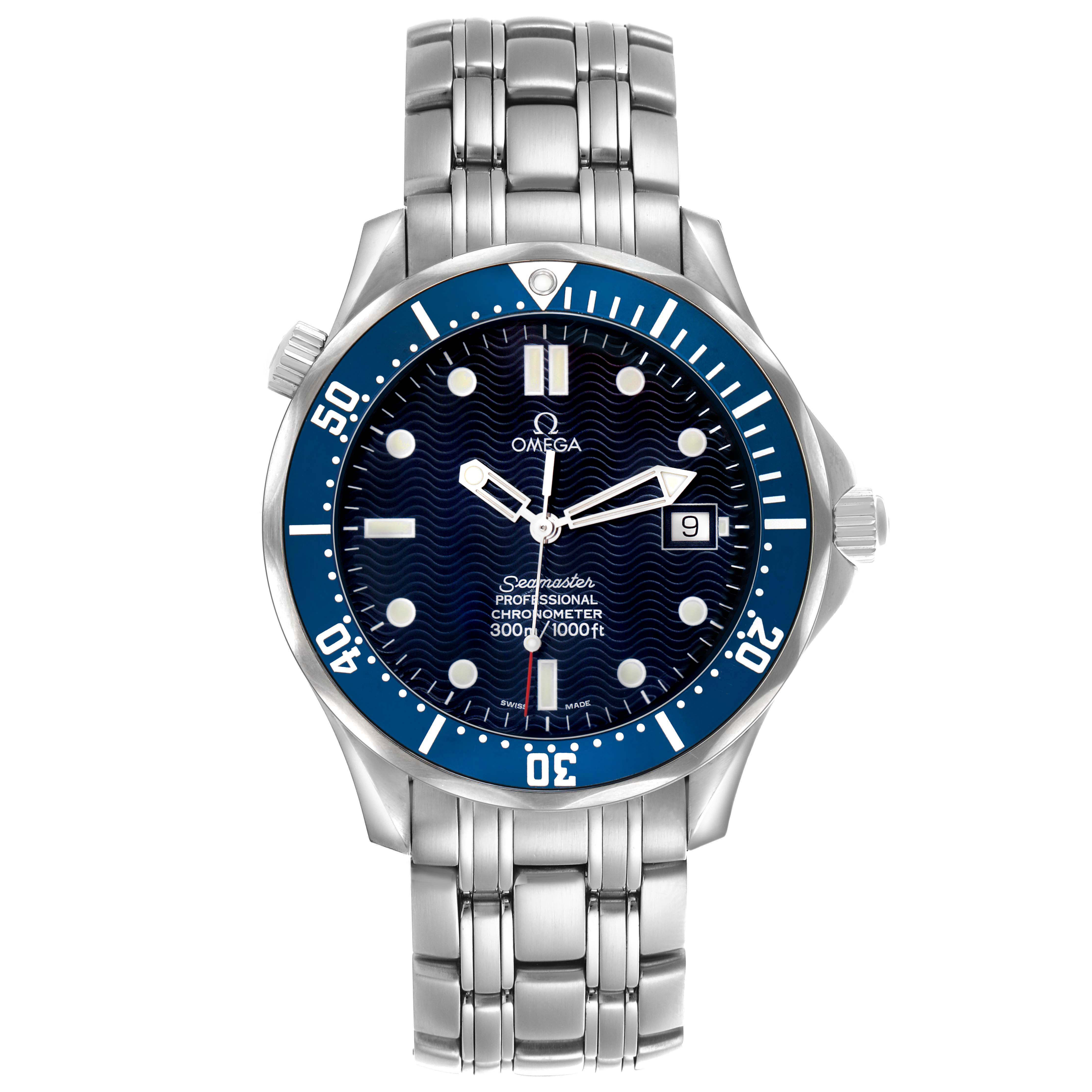 The Omega Seamaster 2531.80.00 Men's Stainless Steel Blue Dial watch is shown from a front angle, highlighting the dial, bezel, bracelet, and crown.