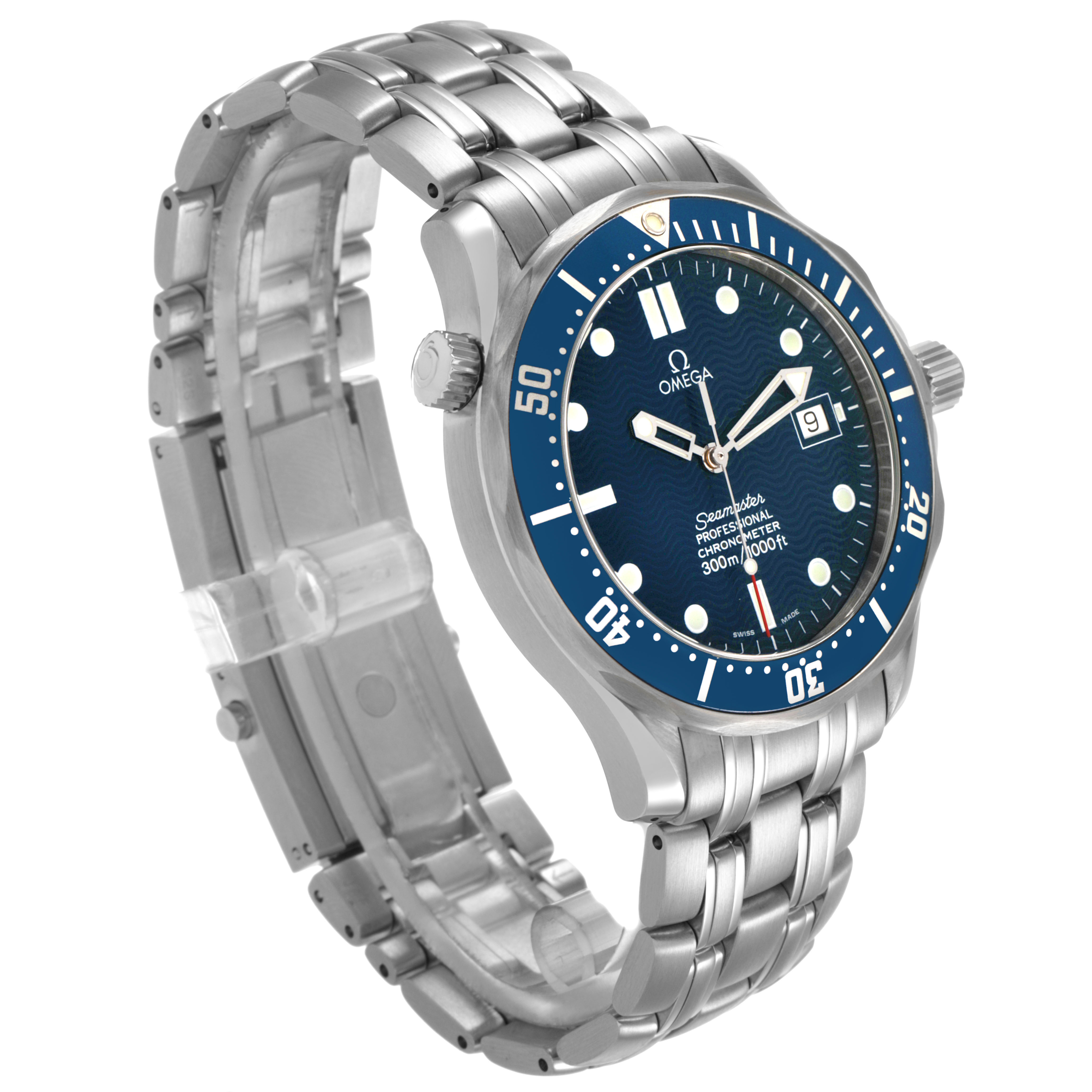 The Omega Seamaster 2531.80.00 Men's Stainless Steel Blue Dial watch is shown at a three-quarter angle, displaying the dial, bezel, and bracelet.