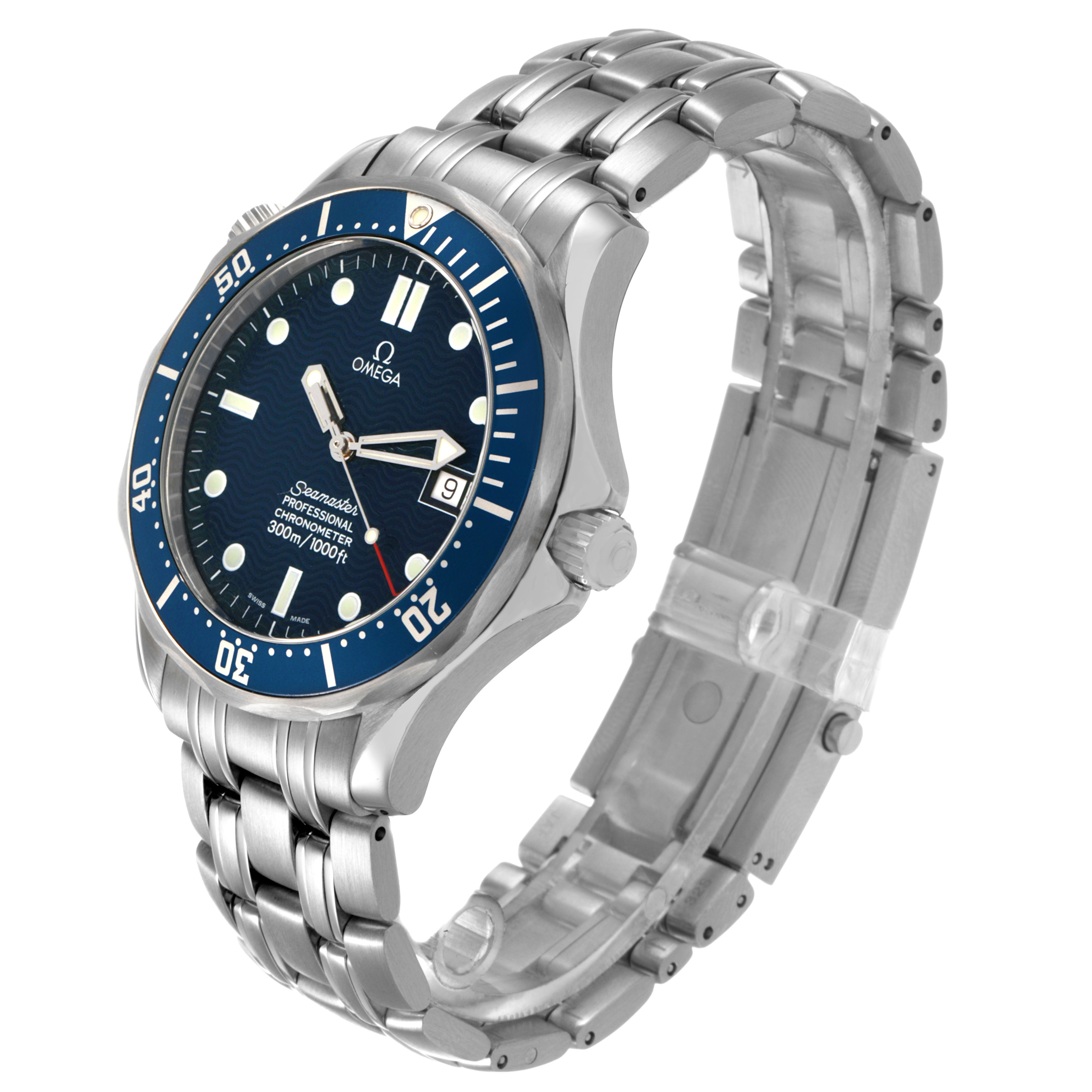 The Omega Seamaster 2531.80.00 Men's Stainless Steel Blue Dial watch is shown from a three-quarter angle, highlighting the face, bezel, crown, and bracelet.