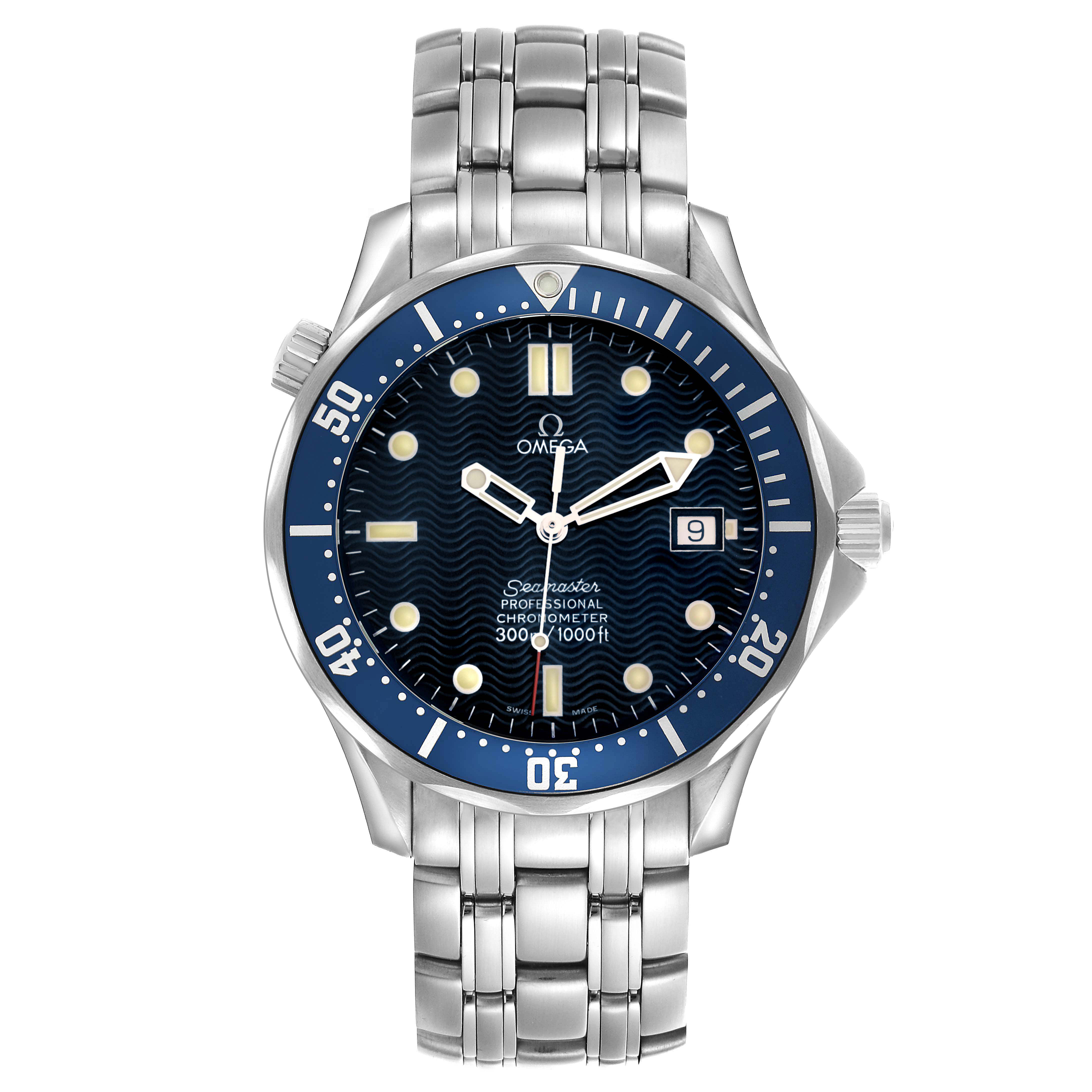 The Omega Seamaster 2531.80.00 Men's Stainless Steel Blue Dial watch is shown from a front angle, displaying its blue dial, bezel, and silver bracelet.