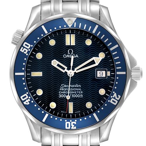 The Omega Seamaster 2531.80.00 Men's Stainless Steel Blue Dial watch is shown from the front angle, displaying the entire face, bezel, and part of the bracelet.
