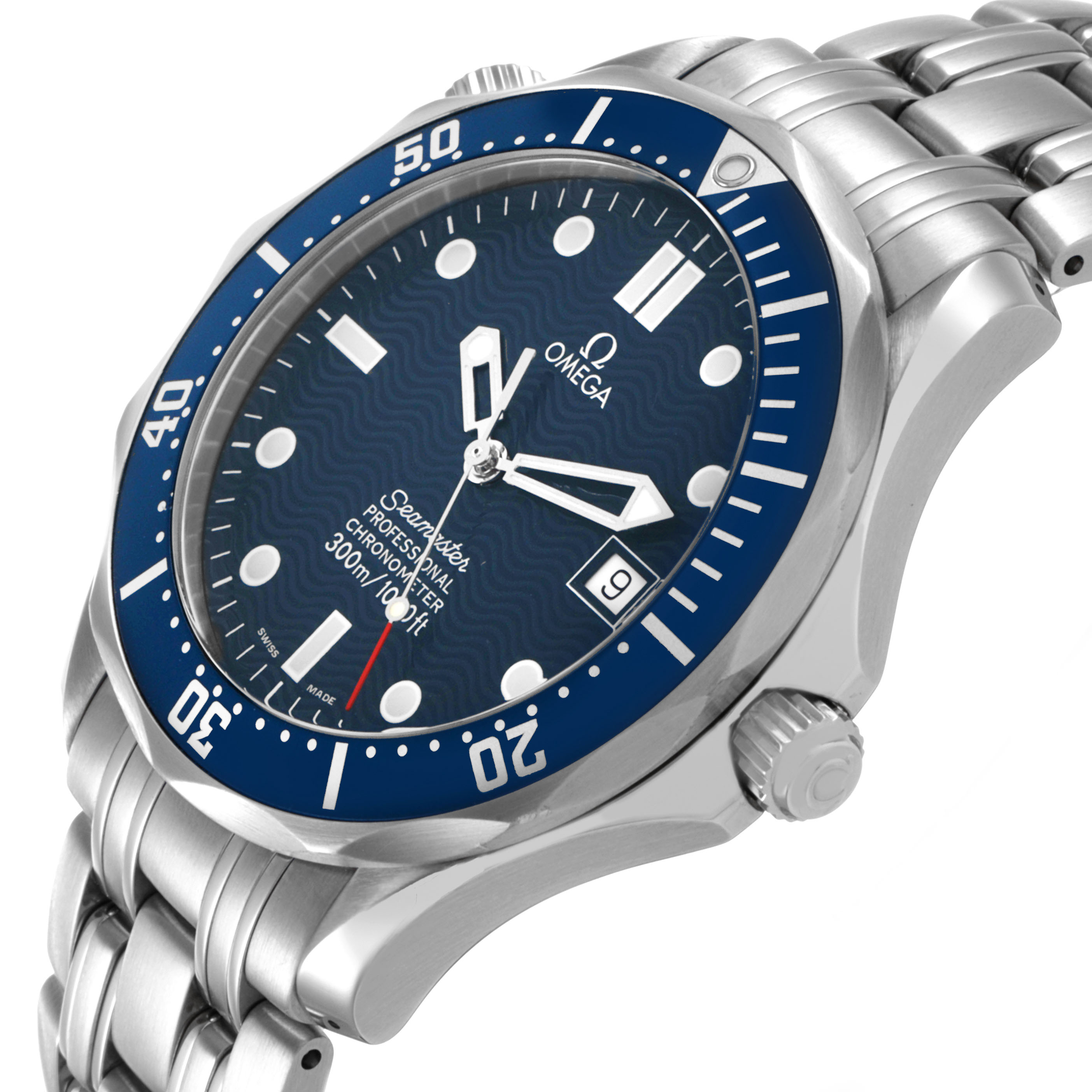 The Omega Seamaster 2531.80.00 Men's Stainless Steel Blue Dial watch is shown at an angled side view, highlighting the bezel, dial, hands, and metal bracelet.