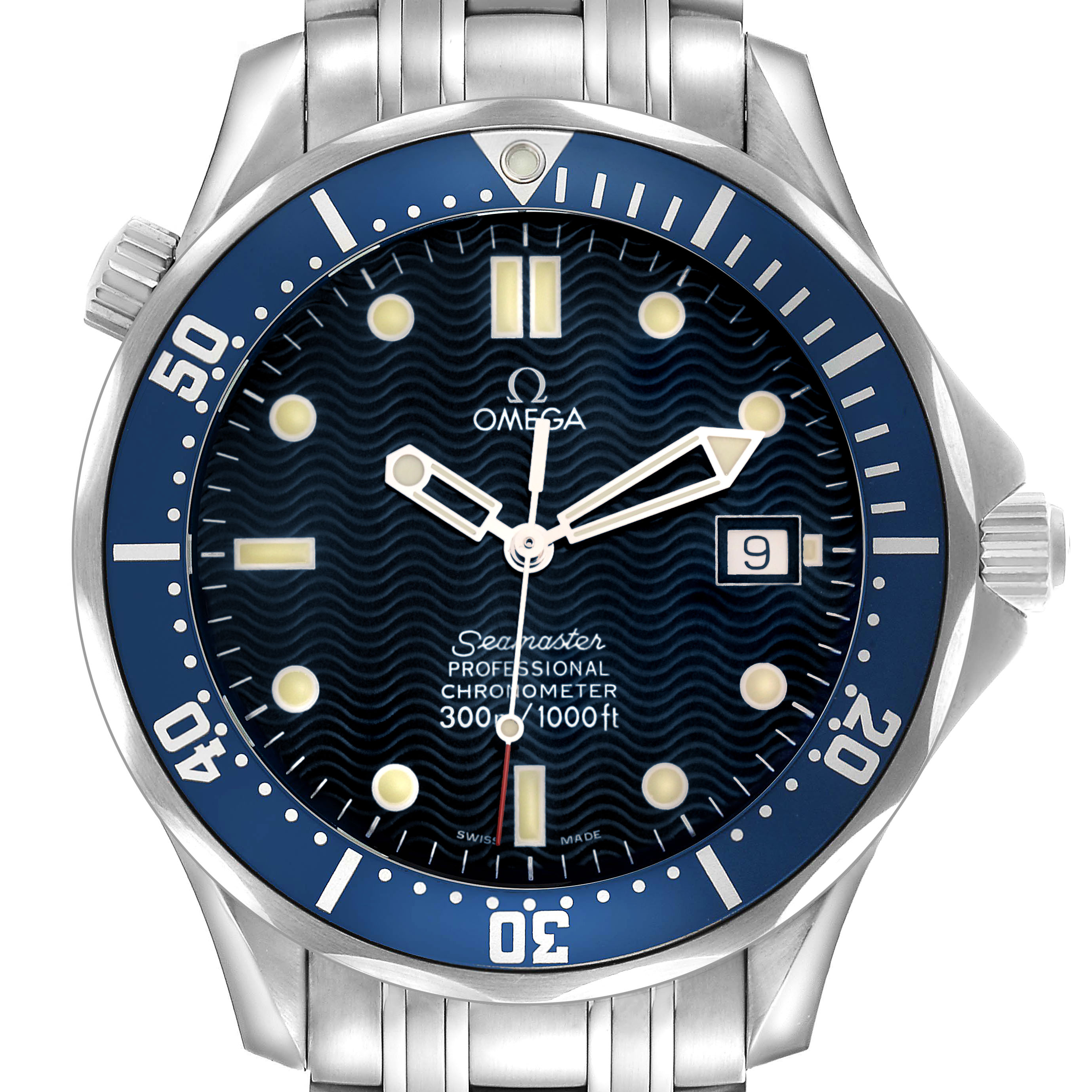 The Omega Seamaster 2531.80.00 Men's Stainless Steel Blue Dial watch is shown from a front angle, displaying its face, bezel, and partial bracelet.