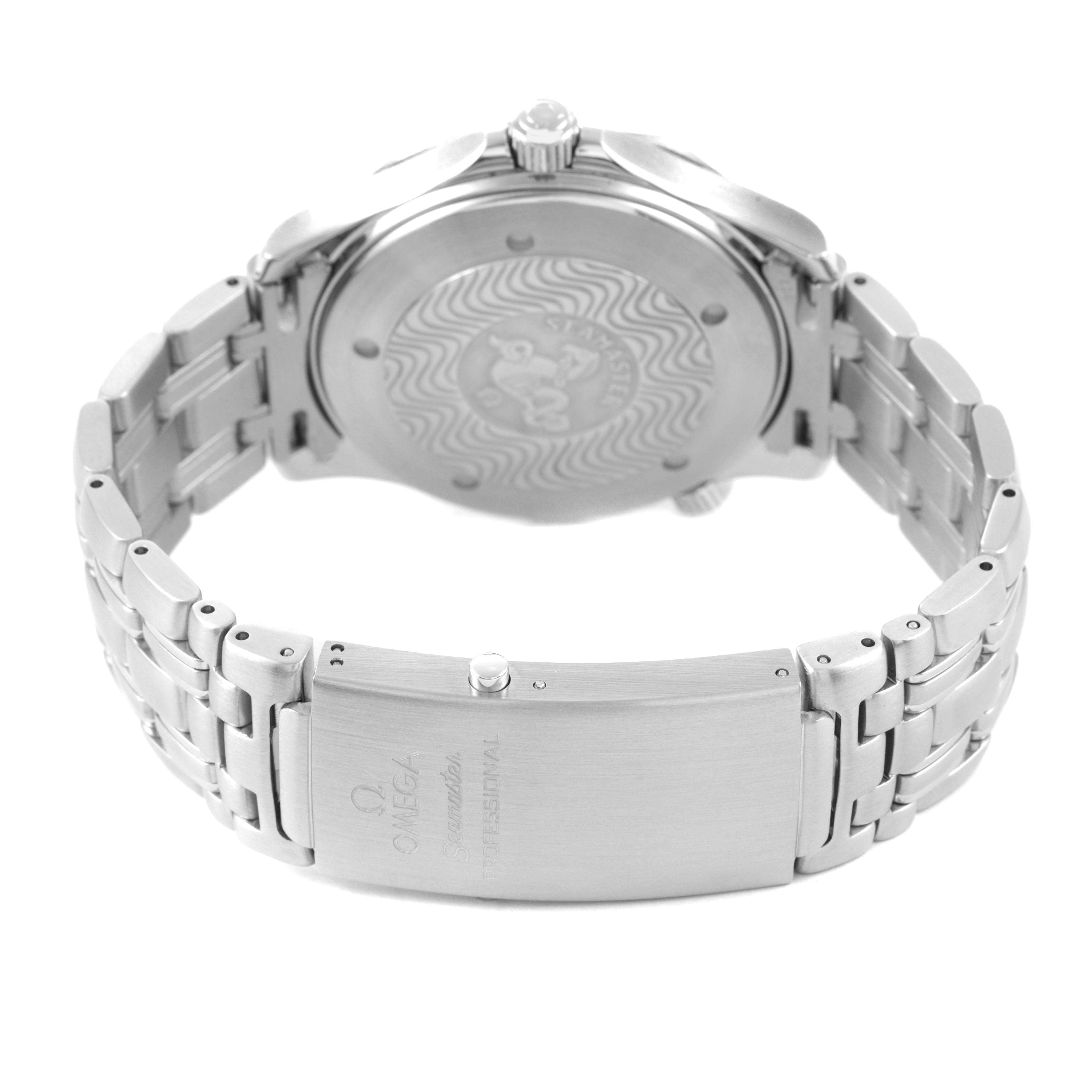 The image shows the back of the Omega Seamaster 2531.80.00 Men's Stainless Steel Blue Dial watch, highlighting the case back and metal bracelet.