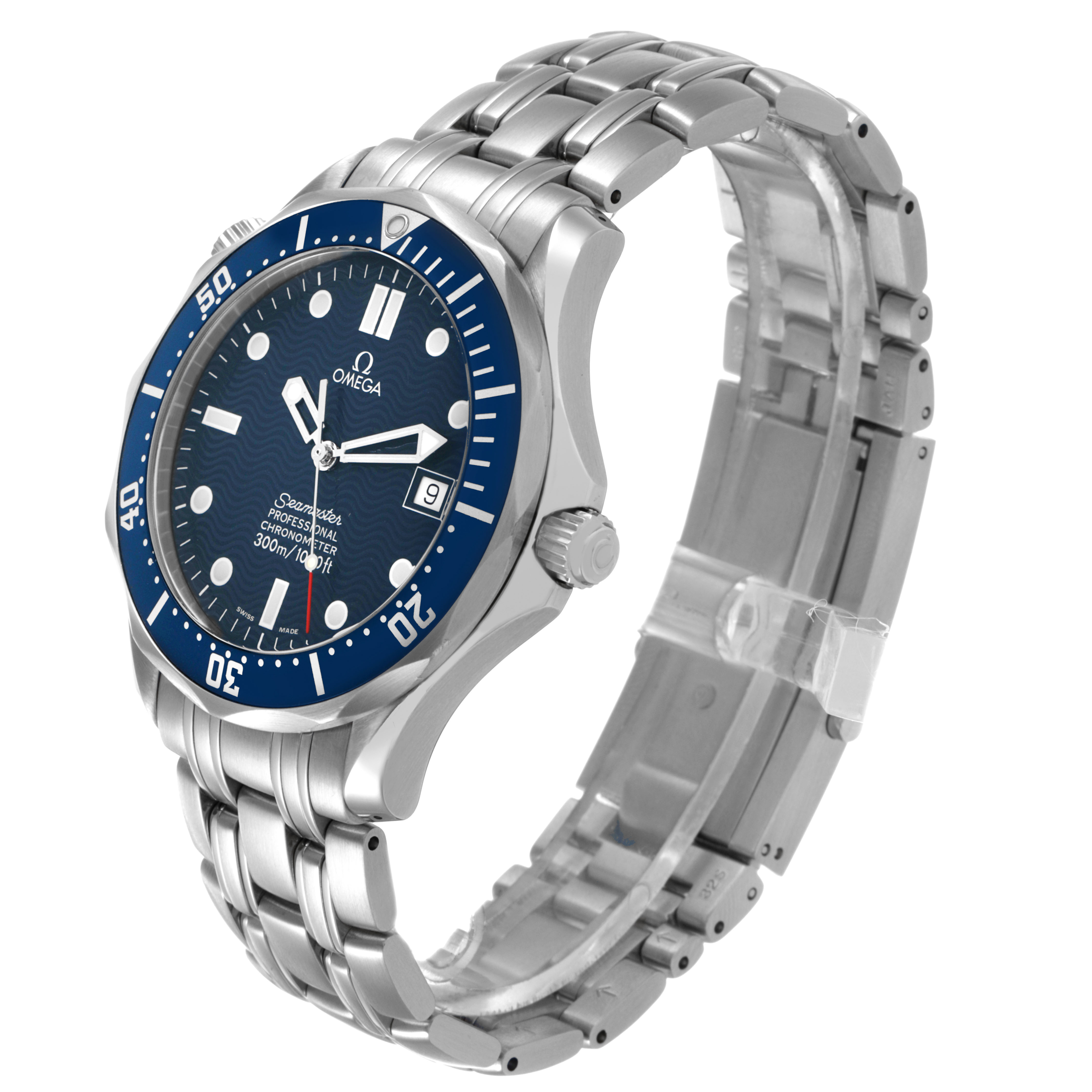 The Omega Seamaster 2531.80.00 Men's Stainless Steel Blue Dial watch is shown at a three-quarter angle, featuring its blue dial, bezel, crown, and stainless steel bracelet.