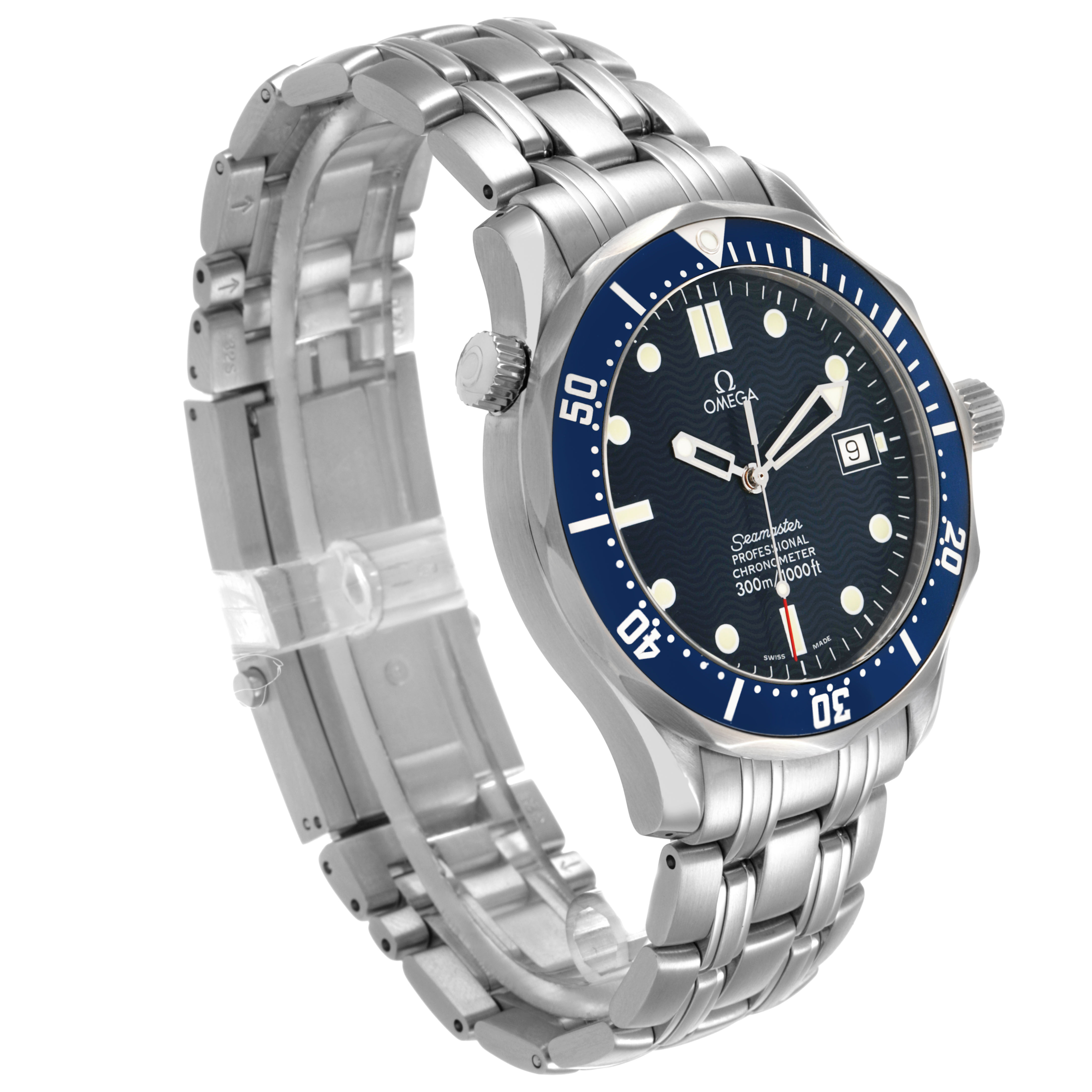 The Omega Seamaster 2531.80.00 Men's Stainless Steel Blue Dial watch is shown at a side-angle, displaying its stainless steel bracelet and blue bezel.