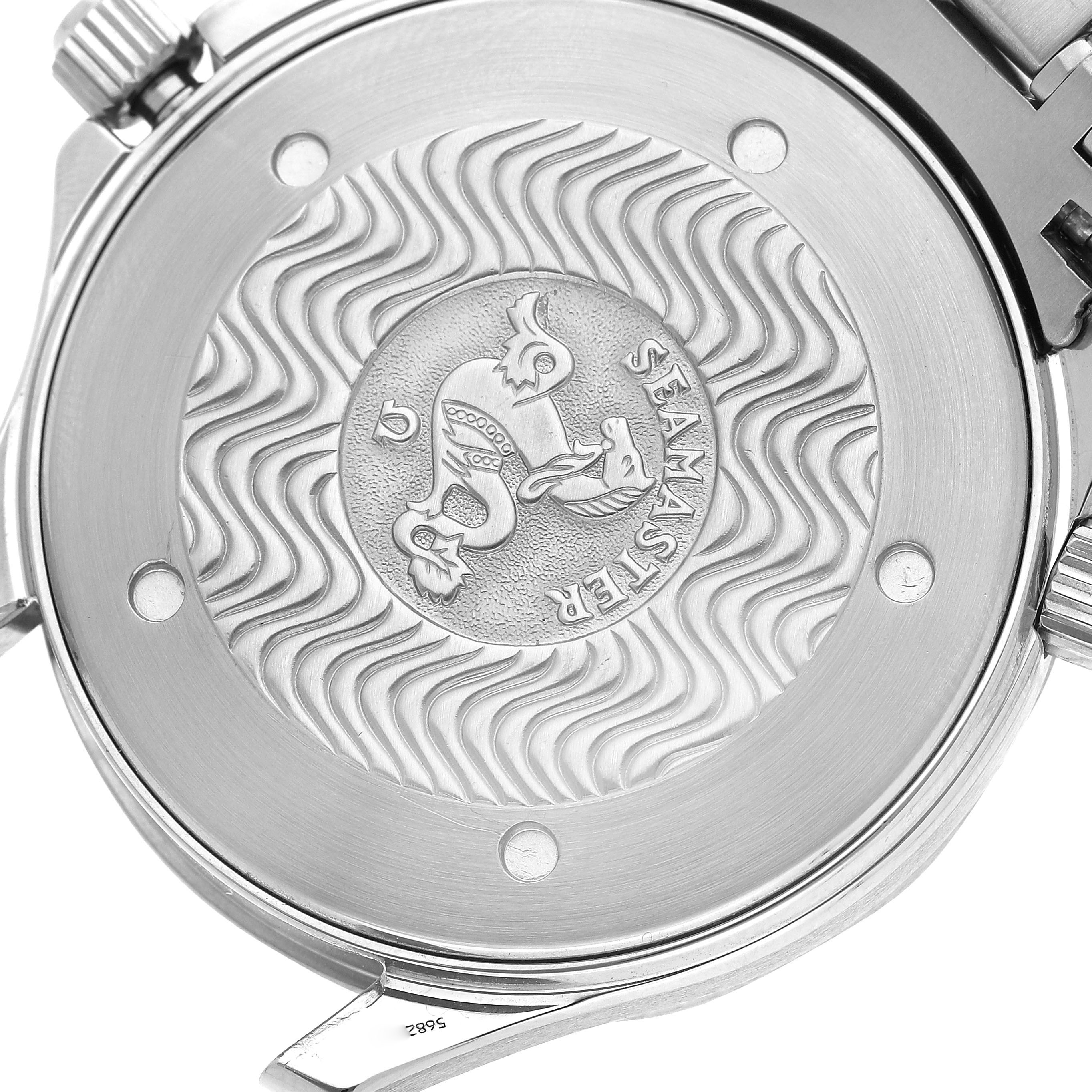 The image shows the back case of an Omega Seamaster 2541.80.00 Men's Stainless Steel Blue Dial watch with its embossed design and branding.
