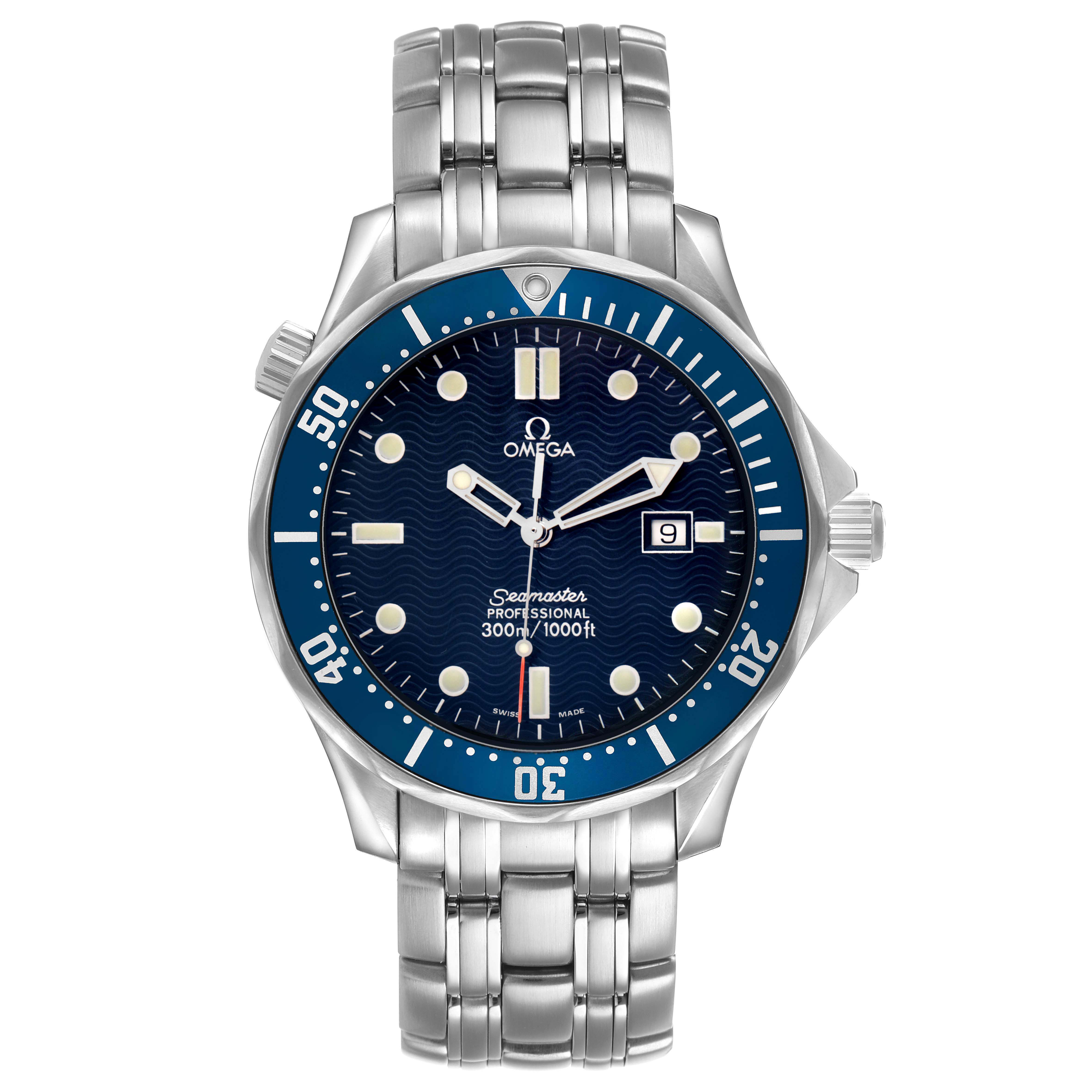 The Omega Seamaster 2541.80.00 Men's Stainless Steel Blue Dial watch is shown from the front, displaying its dial, bezel, crown, and metal bracelet.