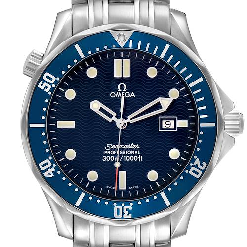 The Omega Seamaster 2541.80.00 Men's Stainless Steel Blue Dial watch is shown from the front, highlighting its blue dial, bezel, hands, markers, and date window.