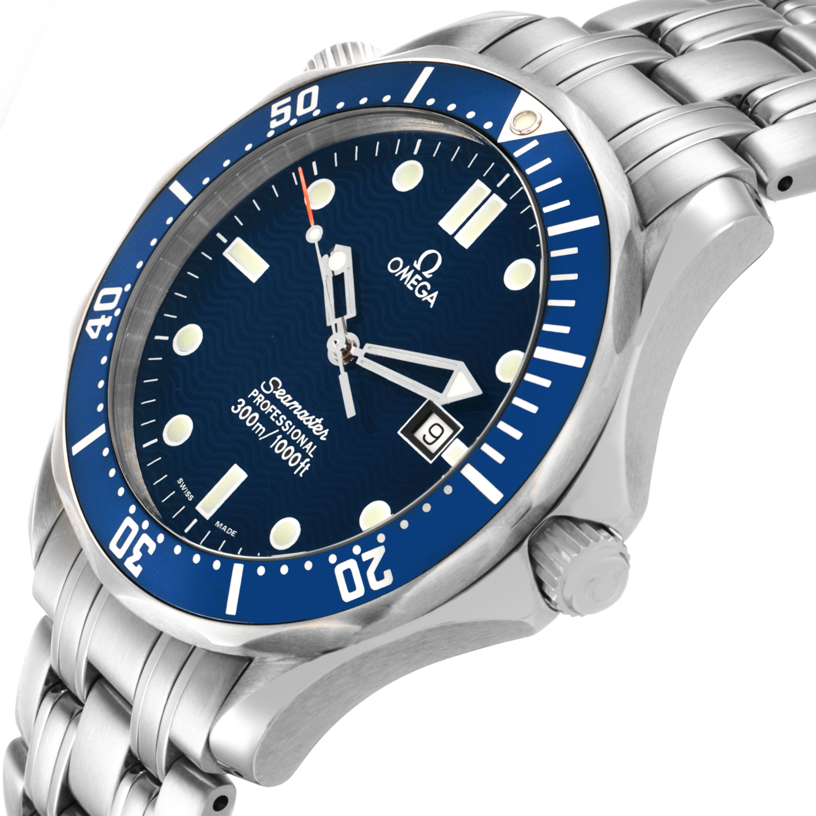 The Omega Seamaster 2541.80.00 Men's Stainless Steel Blue Dial watch is shown at an angled side view, illustrating its blue face, bezel, and stainless steel bracelet.