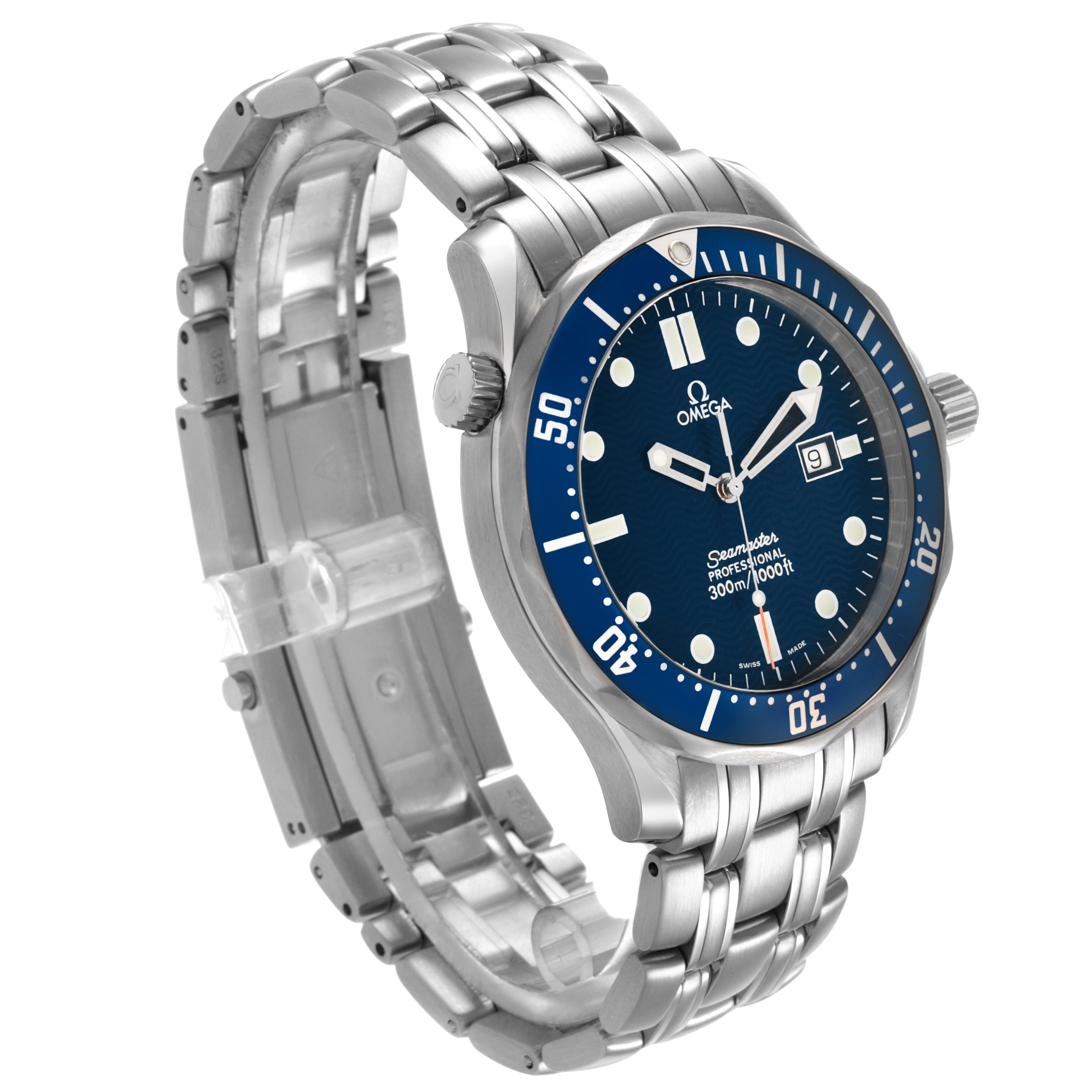 The Omega Seamaster 2541.80.00 Men's Stainless Steel Blue Dial watch is shown at a slight angled view, highlighting the face, bezel, bracelet, and crown.