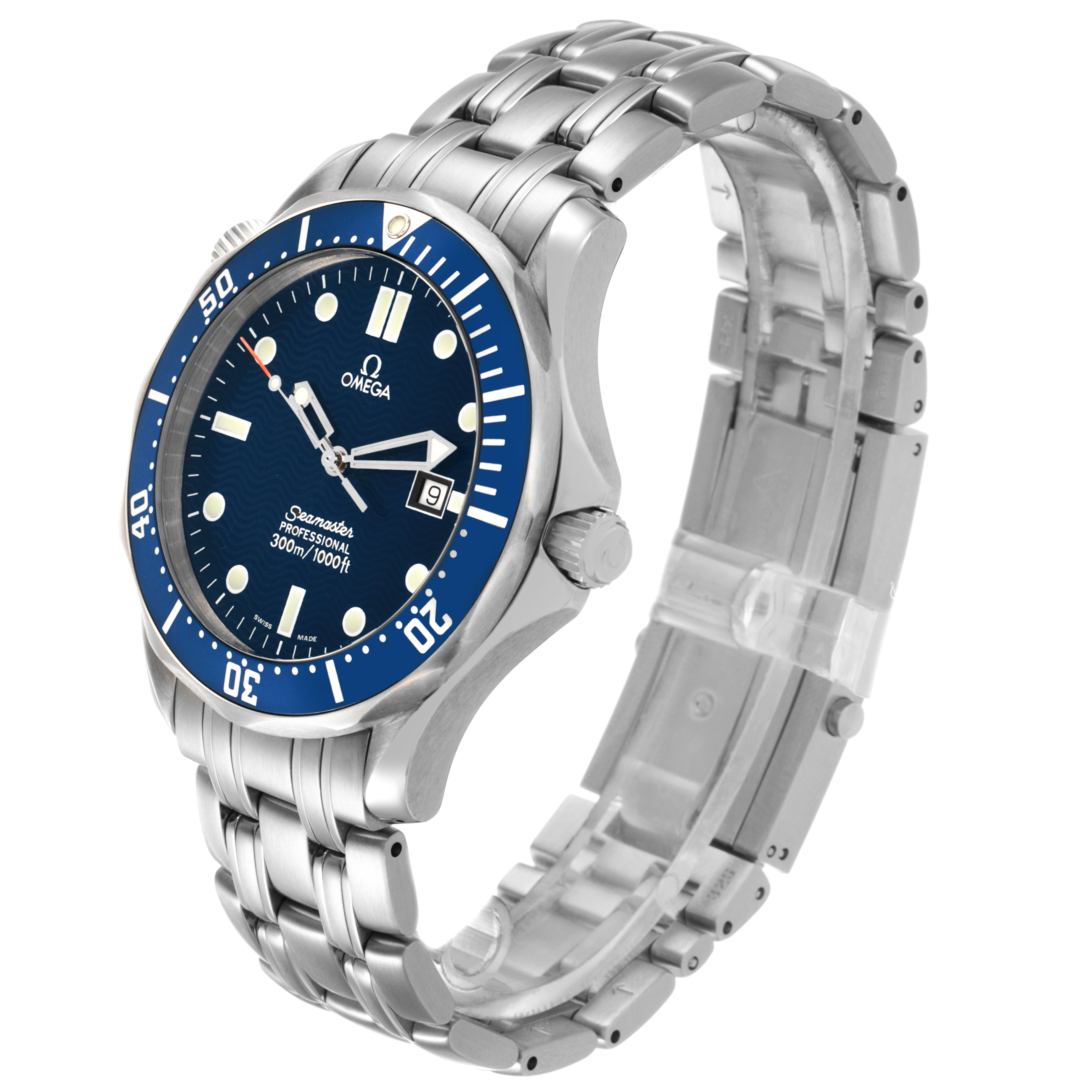 The Omega Seamaster 2541.80.00 Men's Stainless Steel Blue Dial watch is shown at an angled side view, highlighting the blue dial, bezel, and metal bracelet.
