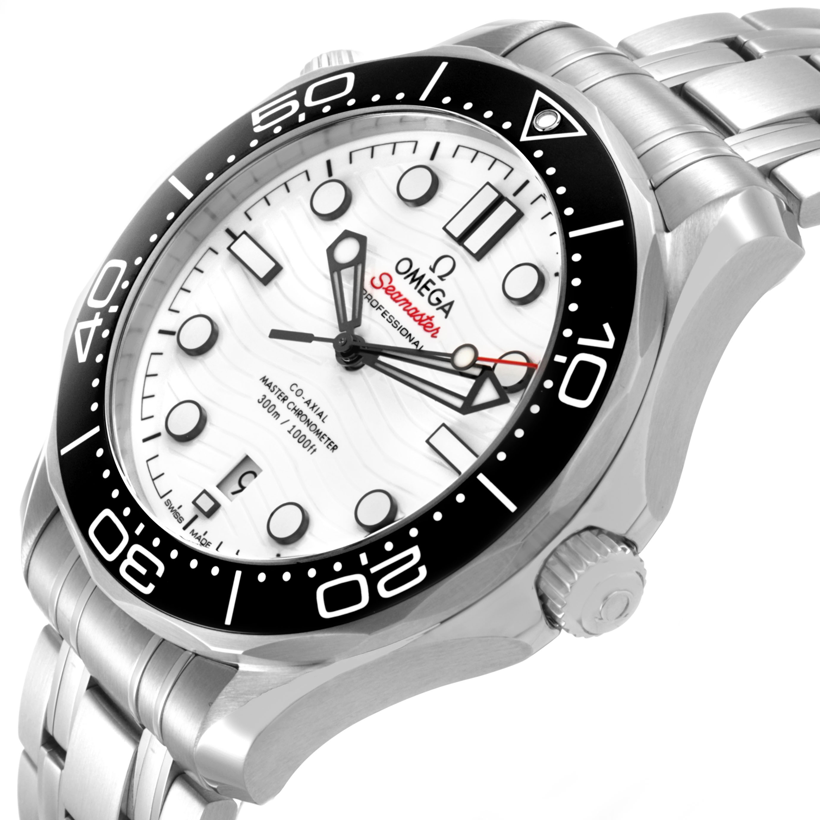 The Omega Seamaster 210.30.42.20.04.001 Men's Stainless Steel White Dial watch is shown at a slight angle, featuring the dial, bezel, crown, and part of the bracelet.