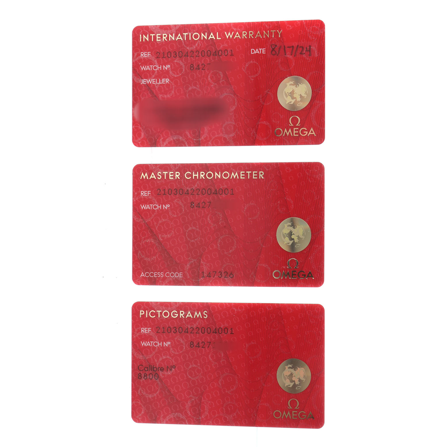 The image shows three red cards for the Omega Seamaster 210.30.42.20.04.001 Men's Stainless Steel White Dial: International Warranty, Master Chronometer, and Pictograms.