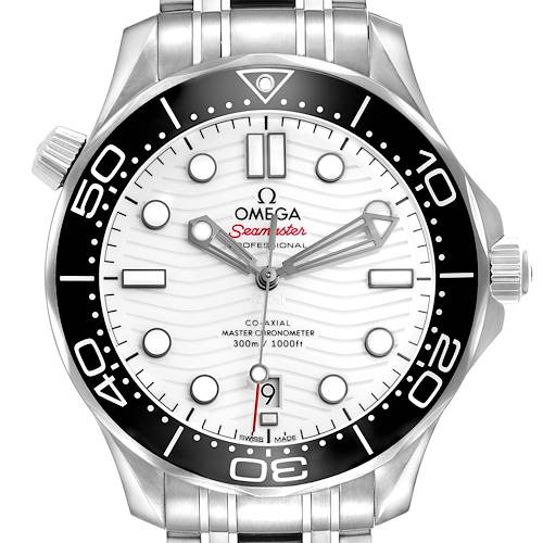 The Omega Seamaster 210.30.42.20.04.001 Men's Stainless Steel White Dial watch is shown from the front, highlighting its dial, bezel, and bracelet.