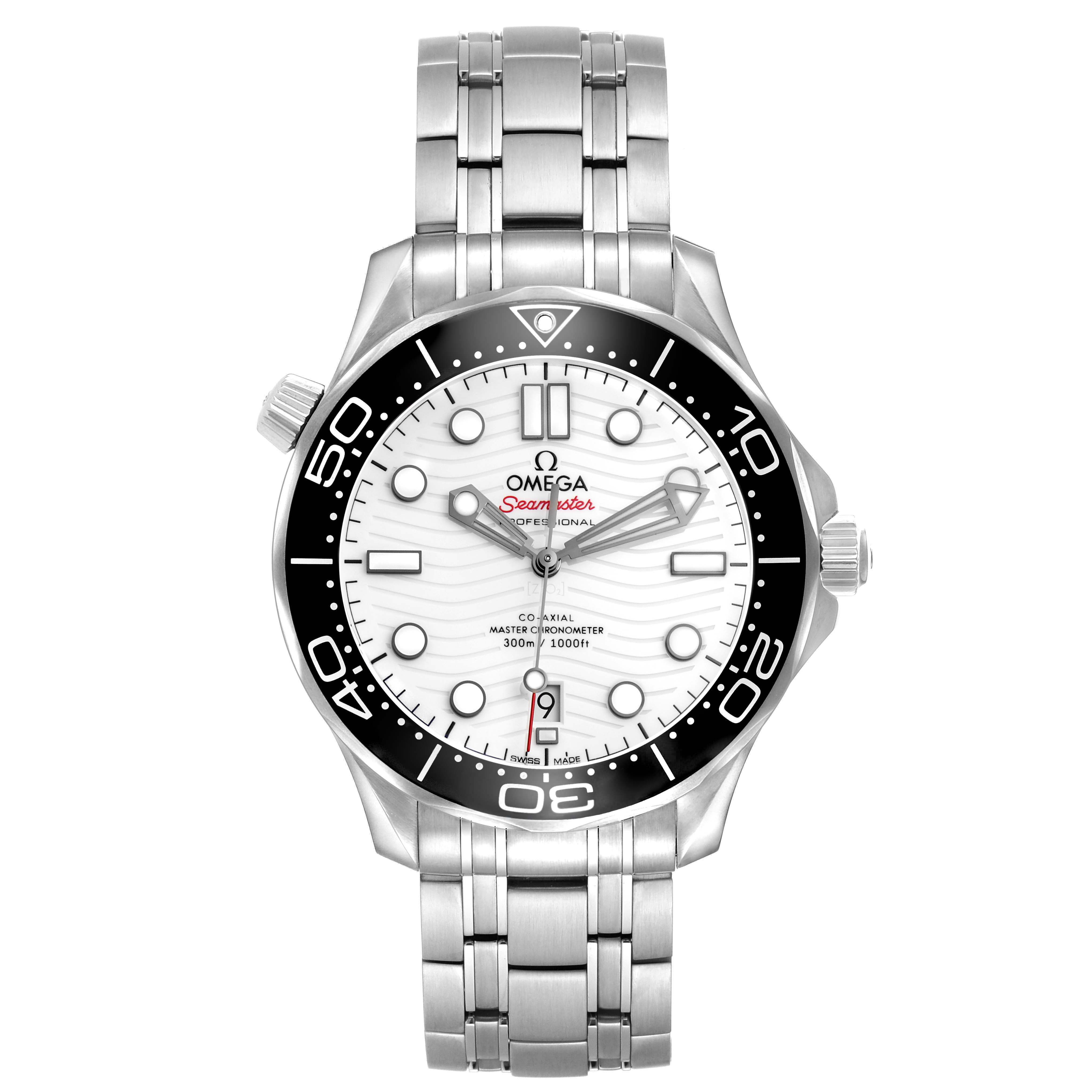 The Omega Seamaster 210.30.42.20.04.001 Men's Stainless Steel White Dial model is shown from the front, displaying the dial, bezel, crown, and bracelet.