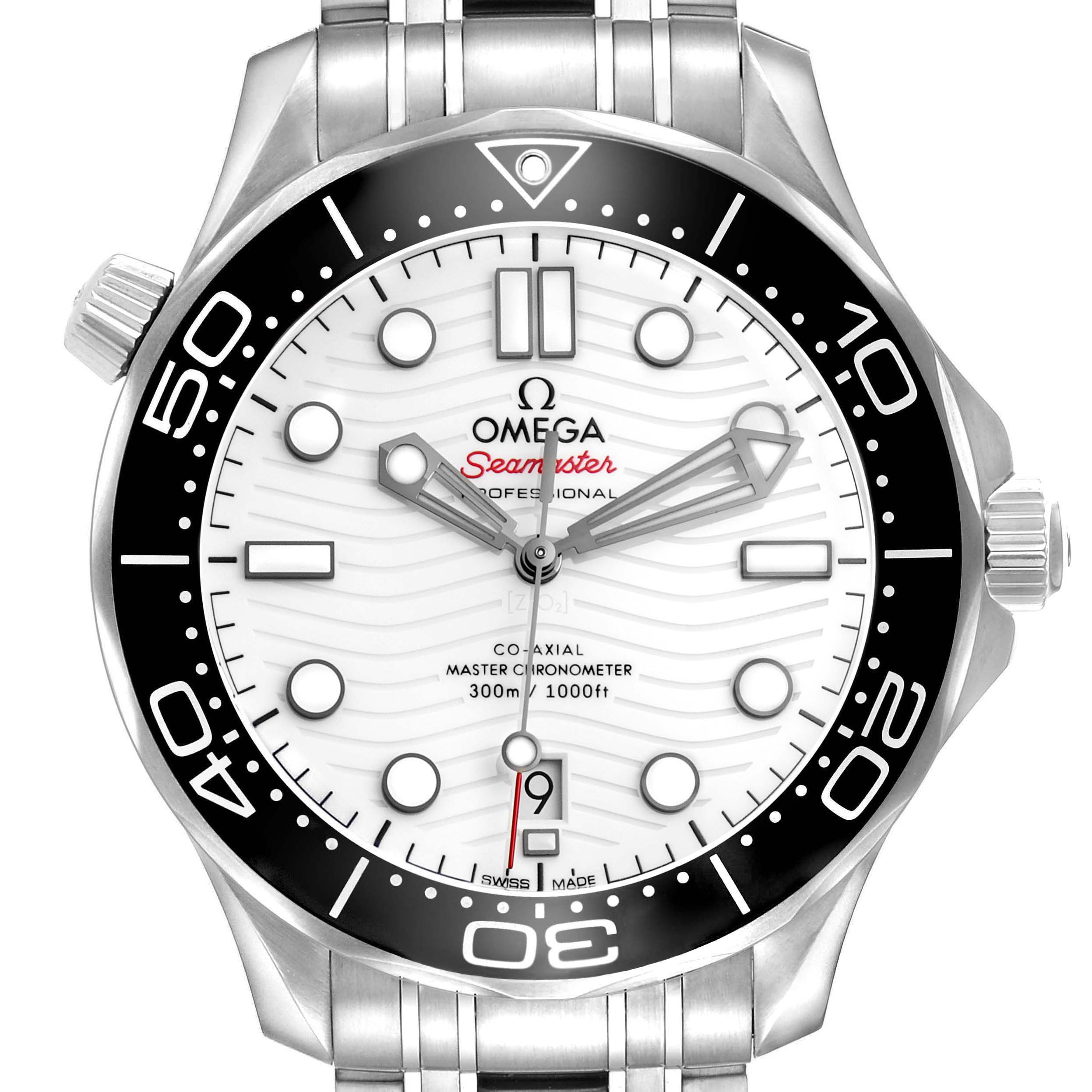 The Omega Seamaster 210.30.42.20.04.001 Men's Stainless Steel White Dial watch is shown from the front, highlighting its dial, bezel, hands, and part of the bracelet.