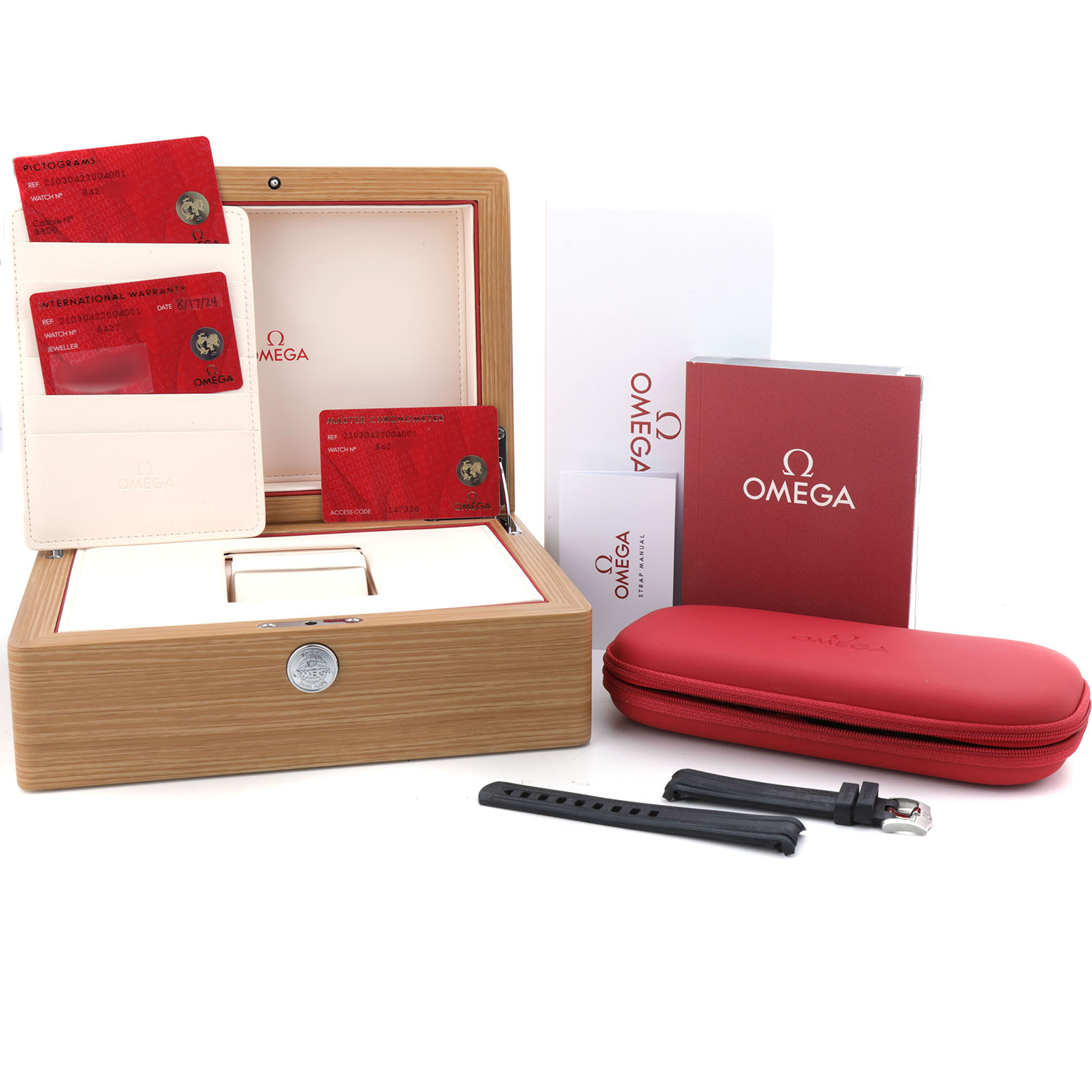 The image shows an Omega Seamaster 210.30.42.20.04.001 Men's Stainless Steel White Dial box, warranty cards, a red case, and a spare strap.