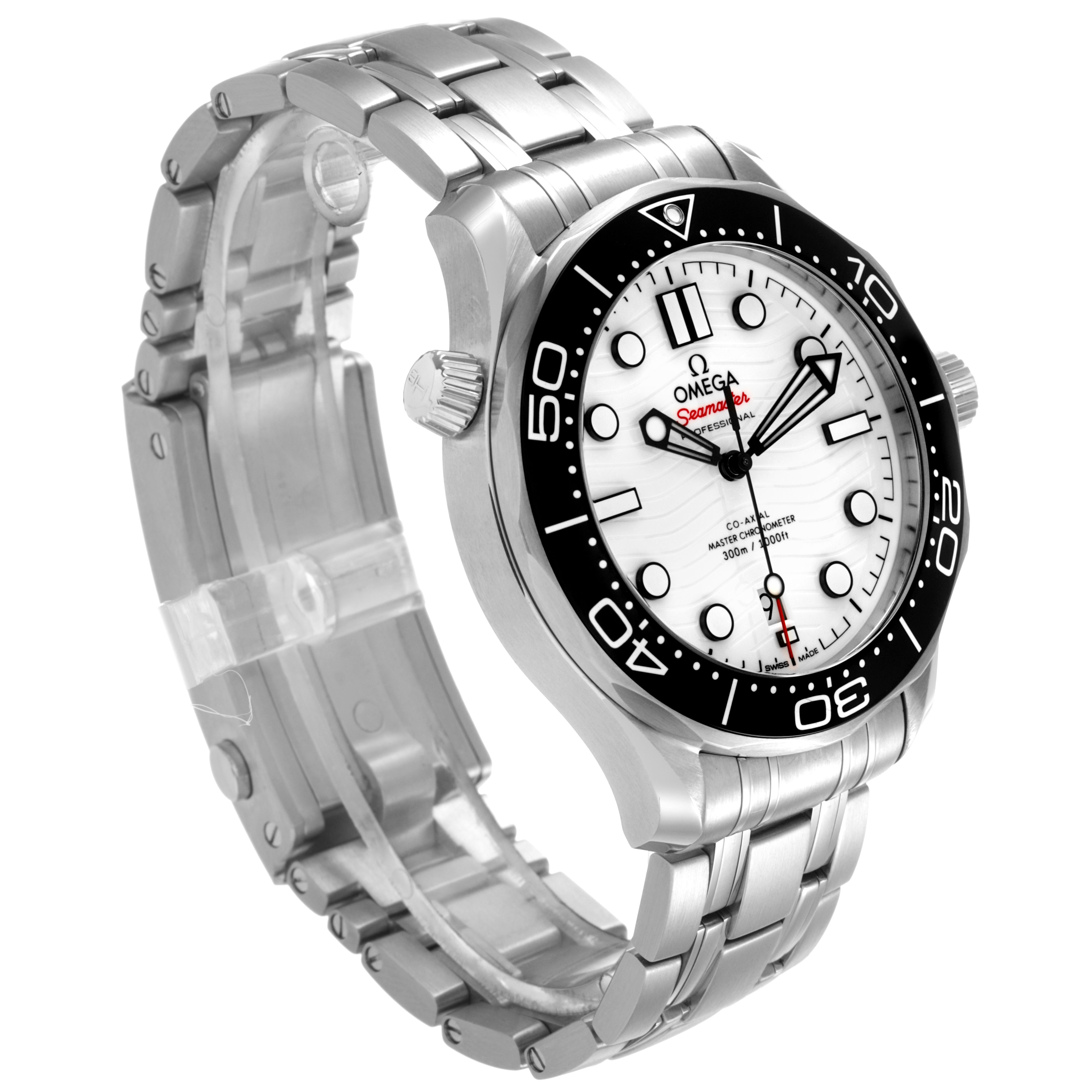 The Omega Seamaster 210.30.42.20.04.001 Men's Stainless Steel White Dial watch is shown at an angle displaying its face, bezel, case, and bracelet clearly.