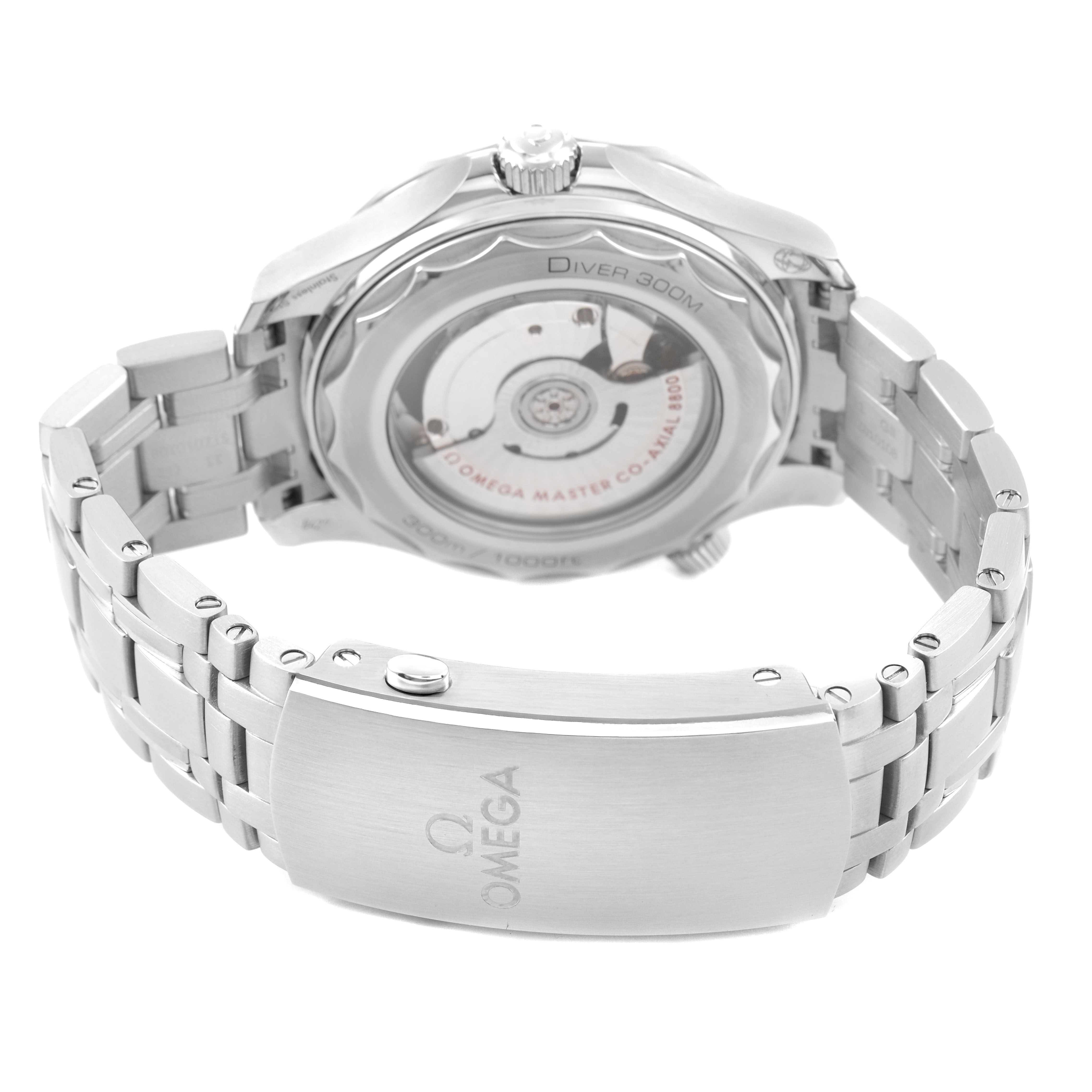 The Omega Seamaster 210.30.42.20.04.001 Men's Stainless Steel White Dial watch is shown from a rear angle, displaying the case back and bracelet with logo detailing.