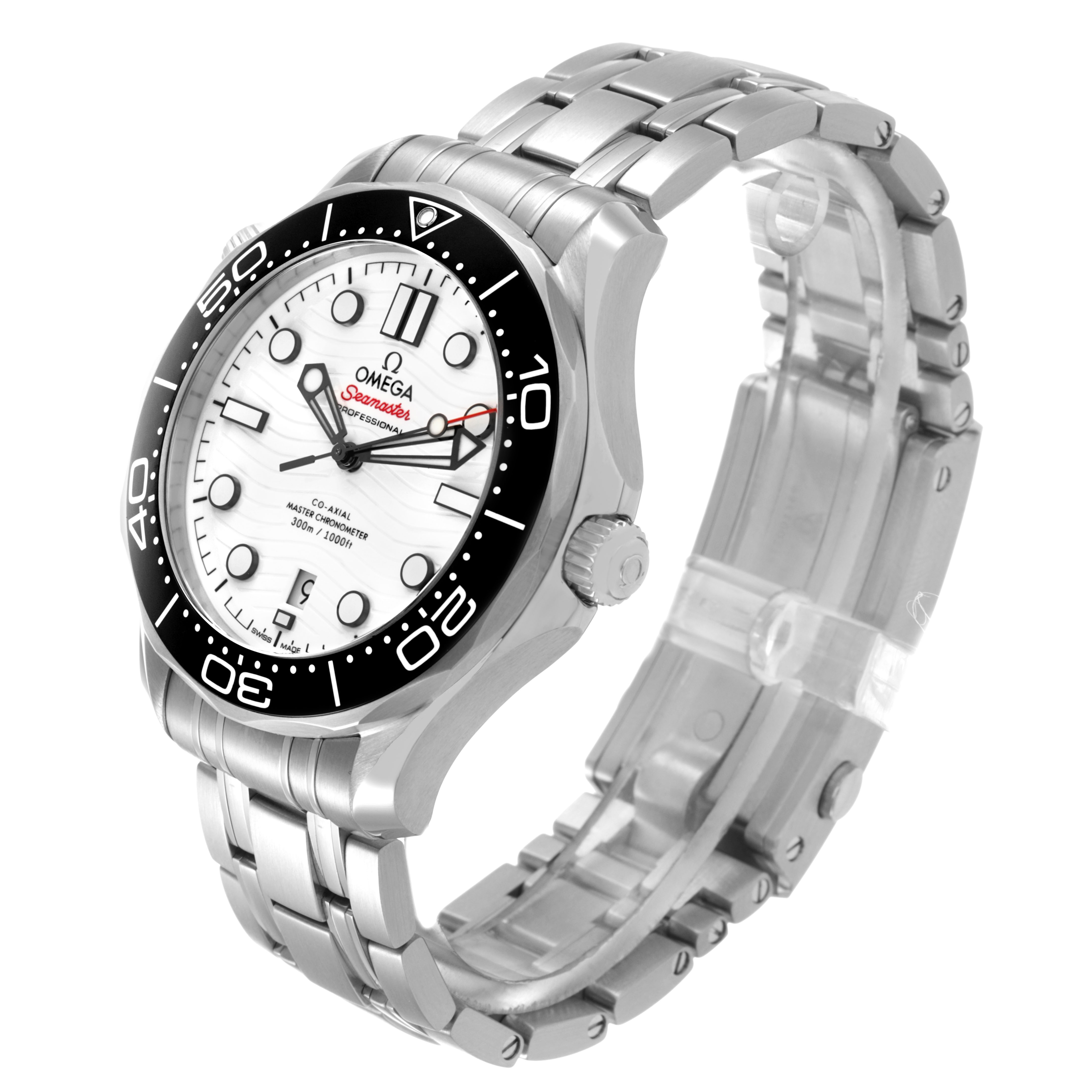 The Omega Seamaster 210.30.42.20.04.001 Men's Stainless Steel White Dial watch is shown at a three-quarter angle, highlighting the face, bezel, crown, and bracelet.