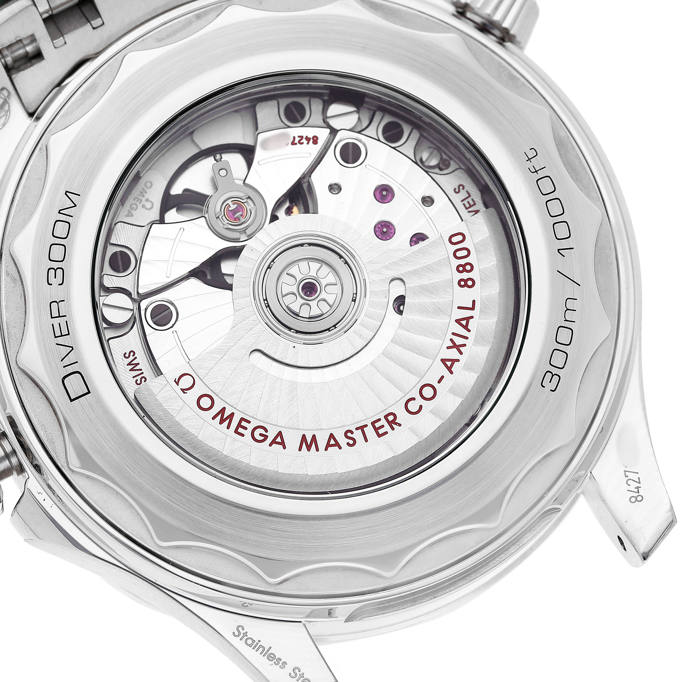 The image shows the case back of an Omega Seamaster 210.30.42.20.04.001 Men's Stainless Steel White Dial model, highlighting its movement and branding details.