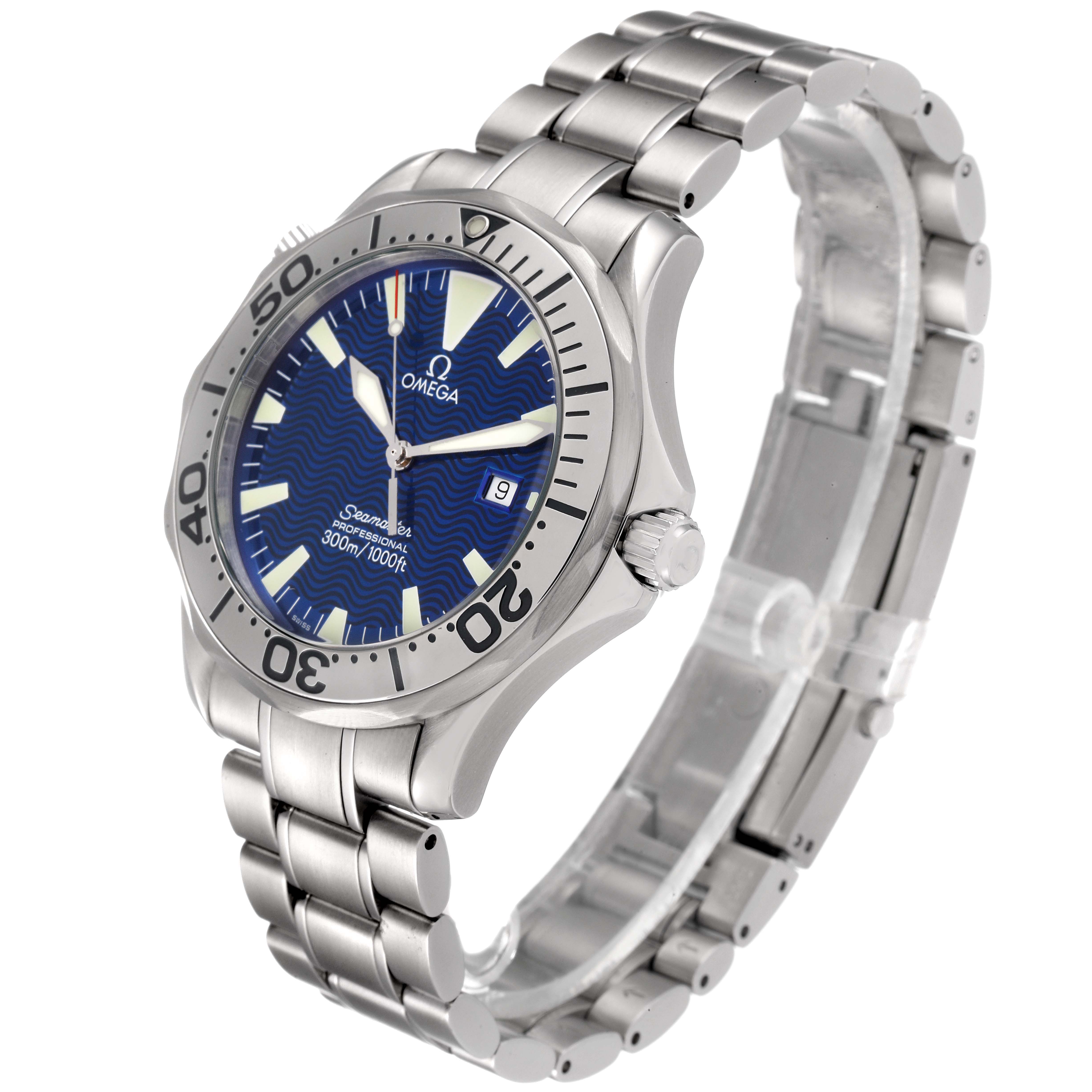 The image shows an angled view of the Omega Seamaster 2265.80.00 Men's Stainless Steel Blue Dial 2265.80.00 Men's Stainless Steel Blue Dial watch, highlighting its face, bezel, and metal bracelet.