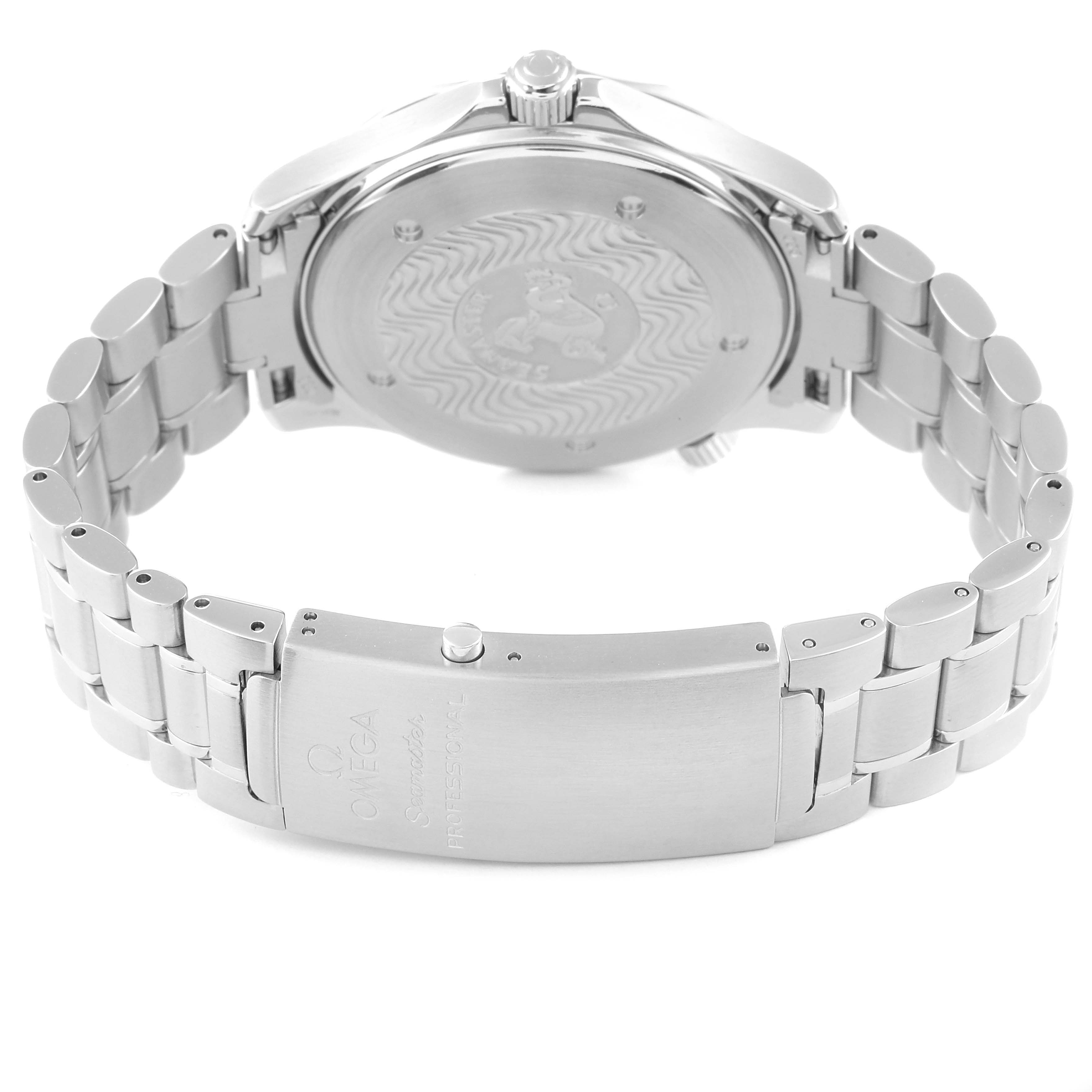 The image displays the back case and bracelet clasp of an Omega Seamaster 2265.80.00 Men's Stainless Steel Blue Dial 2265.80.00 Men's Stainless Steel Blue Dial watch.