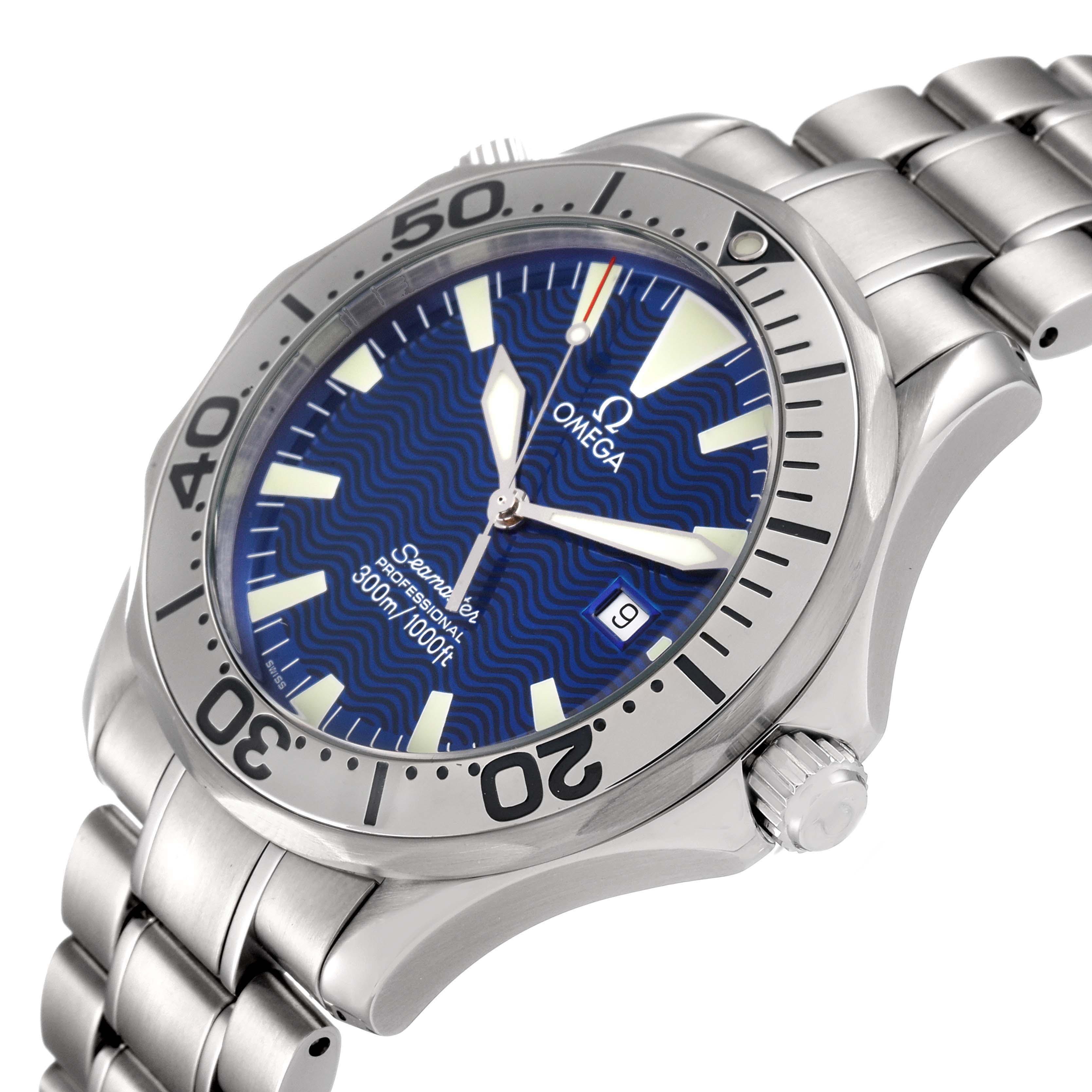 The image shows an angled view of the Omega Seamaster 2265.80.00 Men's Stainless Steel Blue Dial 2265.80.00 Men's Stainless Steel Blue Dial watch, highlighting its face, bezel, crown, and stainless steel bracelet.