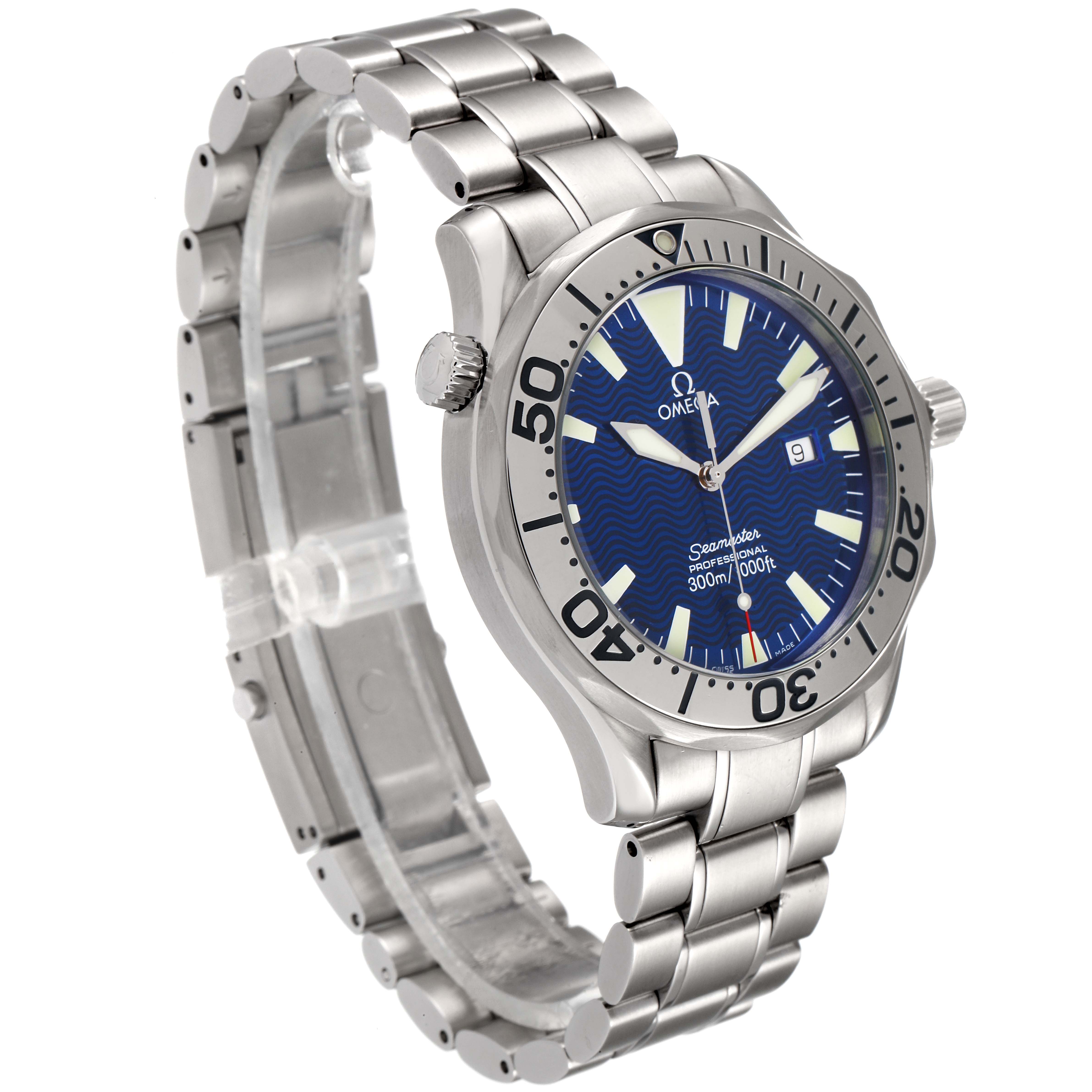 The image shows a side angle of the Omega Seamaster 2265.80.00 Men's Stainless Steel Blue Dial 2265.80.00 Men's Stainless Steel Blue Dial watch, highlighting its blue dial, bezel, crown, and metal bracelet.