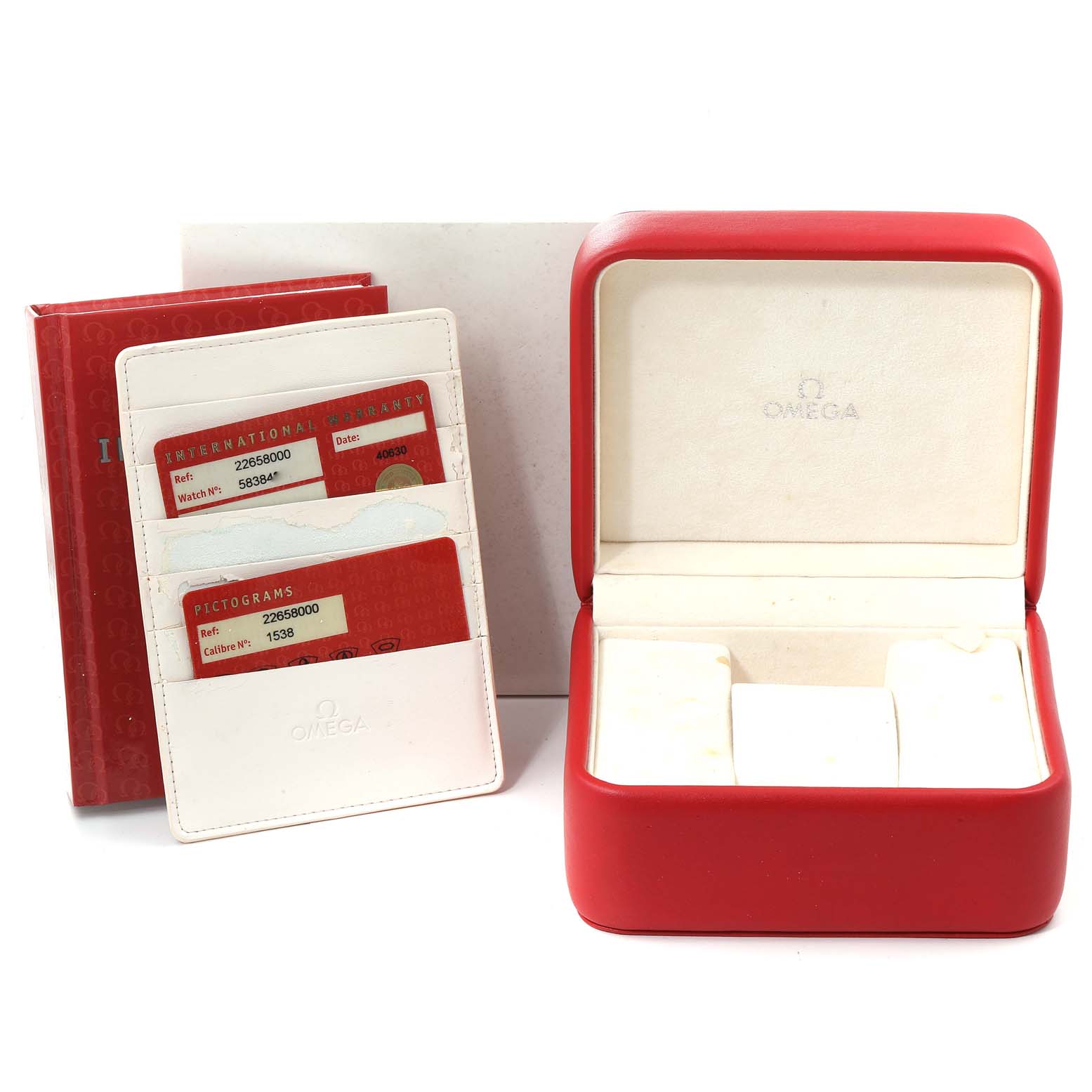 The image shows an open Omega Seamaster 2265.80.00 Men's Stainless Steel Blue Dial 2265.80.00 Men's Stainless Steel Blue Dial watch box, warranty cards, and a booklet.