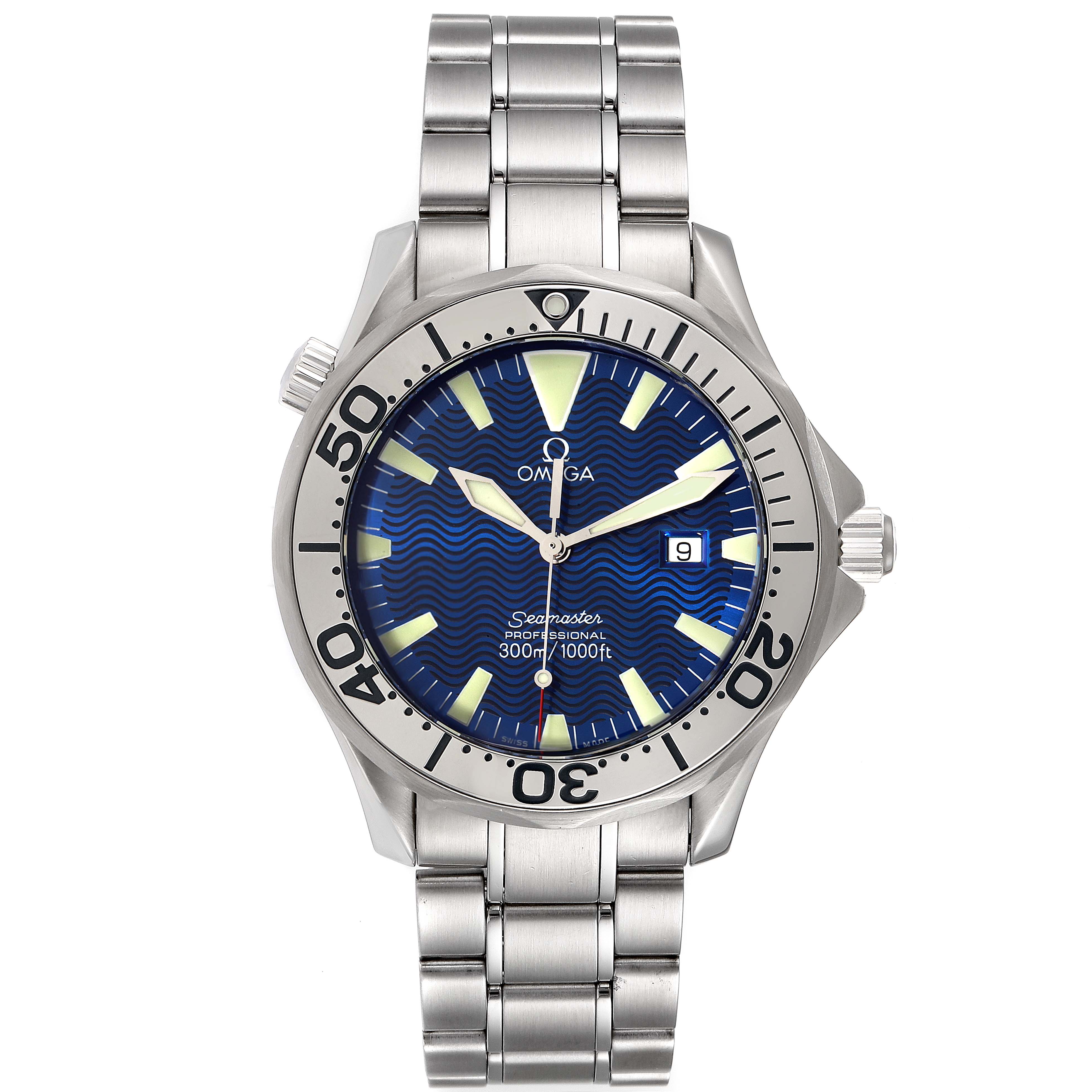 The image shows a front view of the Omega Seamaster 2265.80.00 Men's Stainless Steel Blue Dial 2265.80.00 Men's Stainless Steel Blue Dial watch displaying the face, bezel, crown, and stainless steel bracelet.