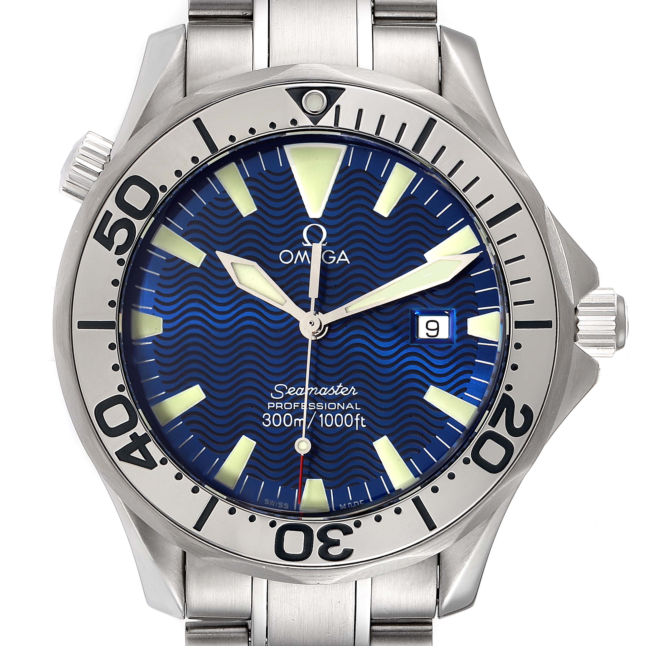 This image shows a front view of the Omega Seamaster 2265.80.00 Men's Stainless Steel Blue Dial 2265.80.00 Men's Stainless Steel Blue Dial watch displaying the dial, bezel, crown, and part of the bracelet.