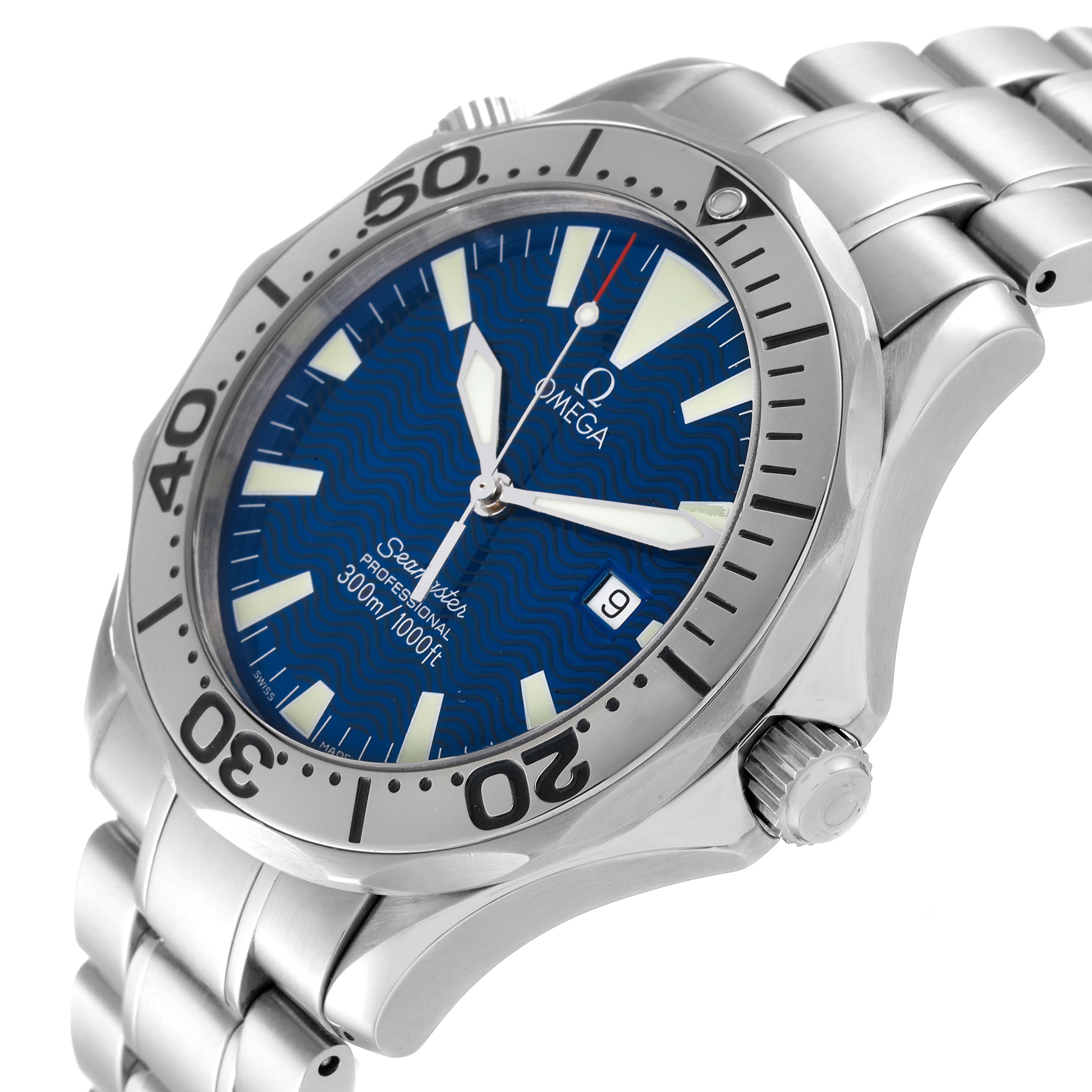 The Omega Seamaster 2265.80.00 Men's Stainless Steel Blue Dial 2265.80.00 Men's Stainless Steel Blue Dial watch is shown in a three-quarter angle, highlighting its face, bezel, crown, and bracelet.