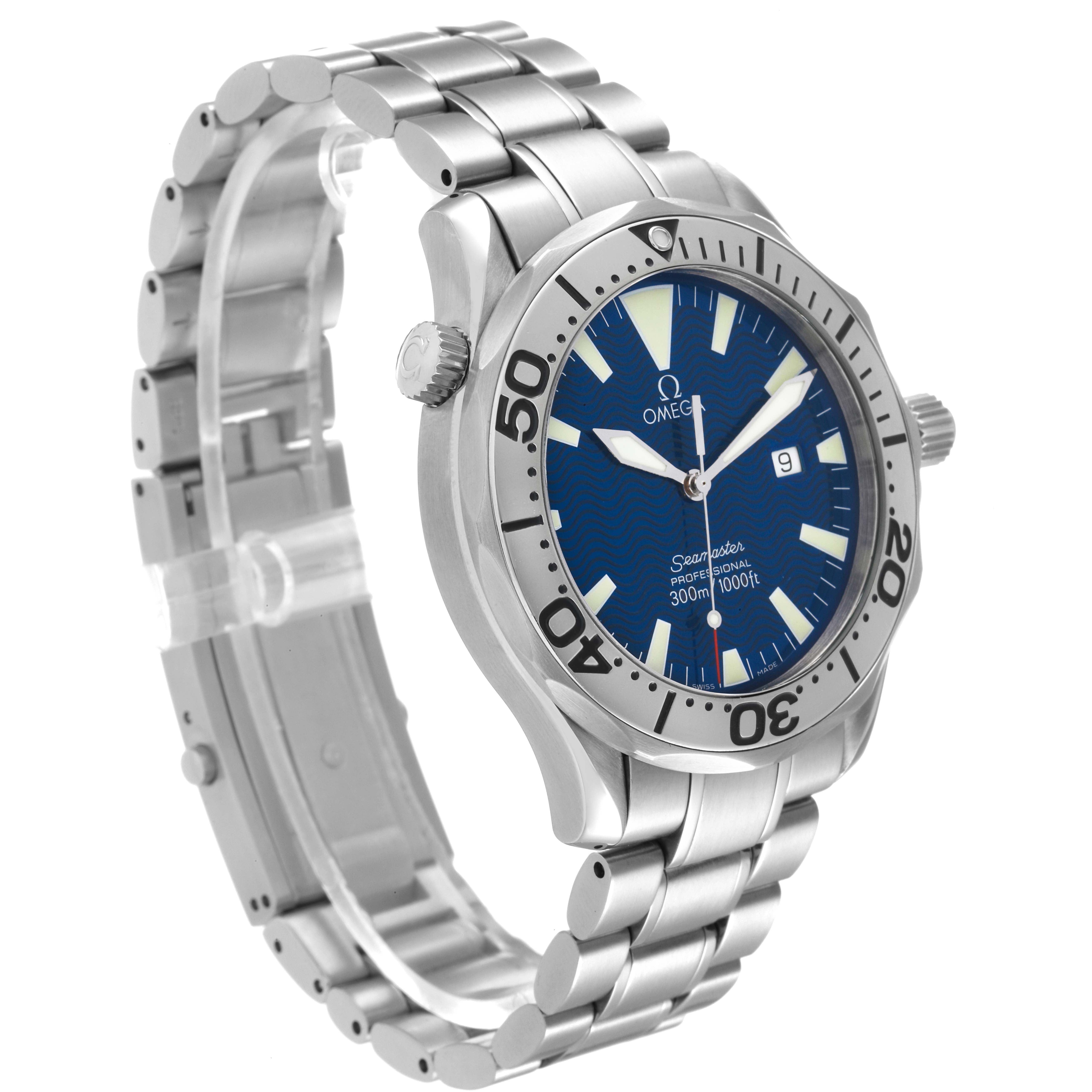 The image shows an Omega Seamaster 2265.80.00 Men's Stainless Steel Blue Dial 2265.80.00 Men's Stainless Steel Blue Dial watch at a three-quarter angle, highlighting the face, bezel, bracelet, and crown.