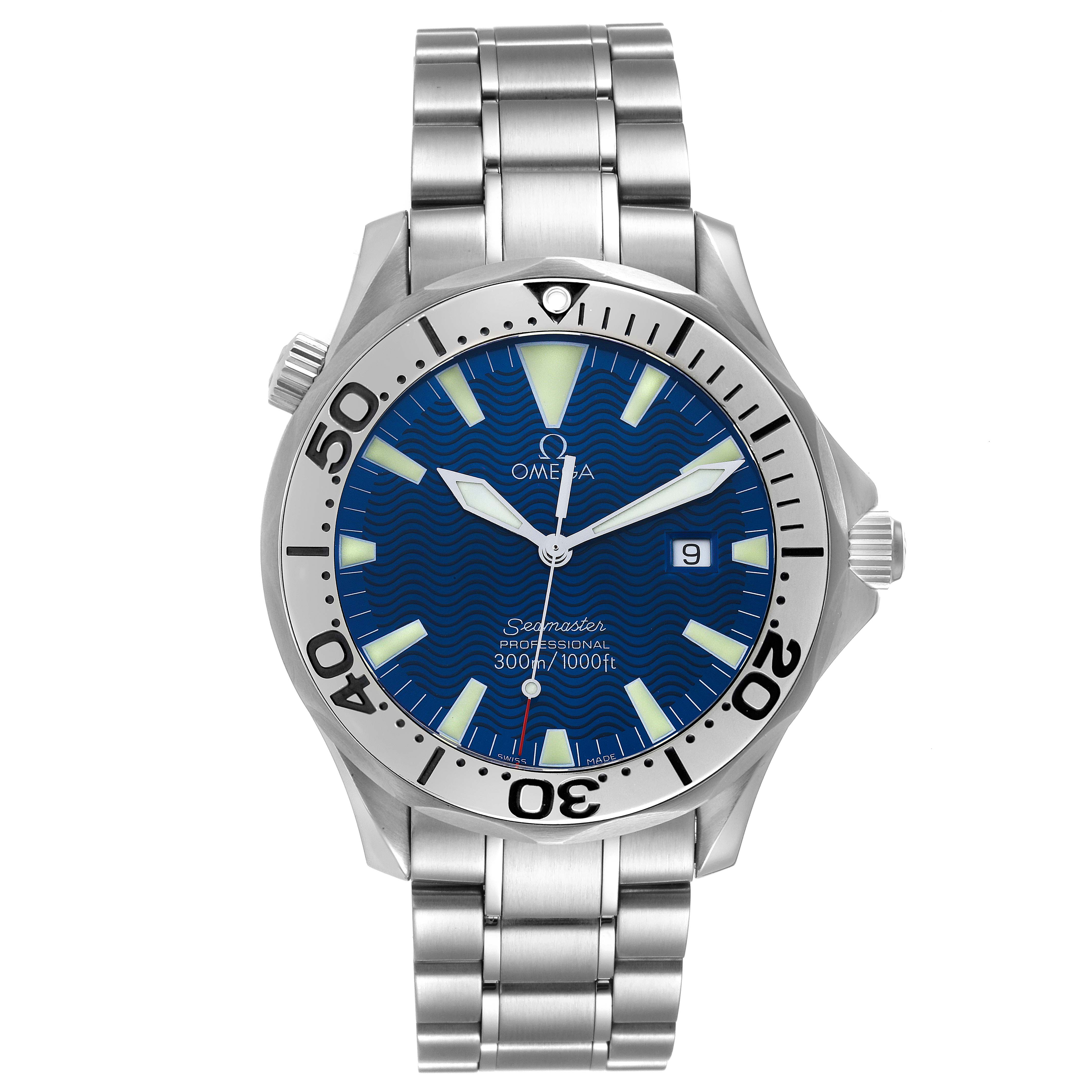 This image shows a front view of the Omega Seamaster 2265.80.00 Men's Stainless Steel Blue Dial 2265.80.00 Men's Stainless Steel Blue Dial watch, highlighting the dial, bezel, and bracelet.