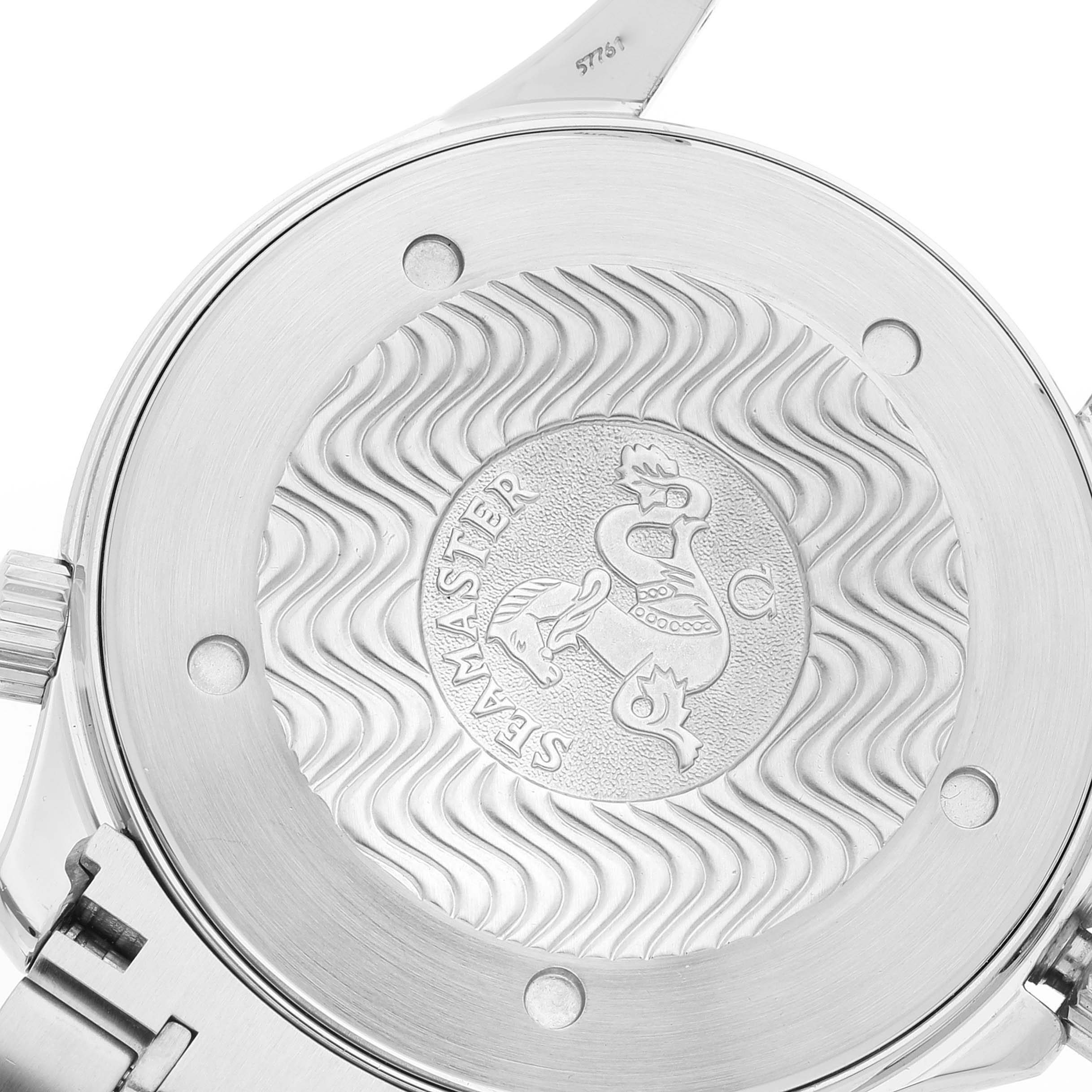 The image shows the case back of an Omega Seamaster 2265.80.00 Men's Stainless Steel Blue Dial 2265.80.00 Men's Stainless Steel Blue Dial watch, highlighting its engraved design and brand text.